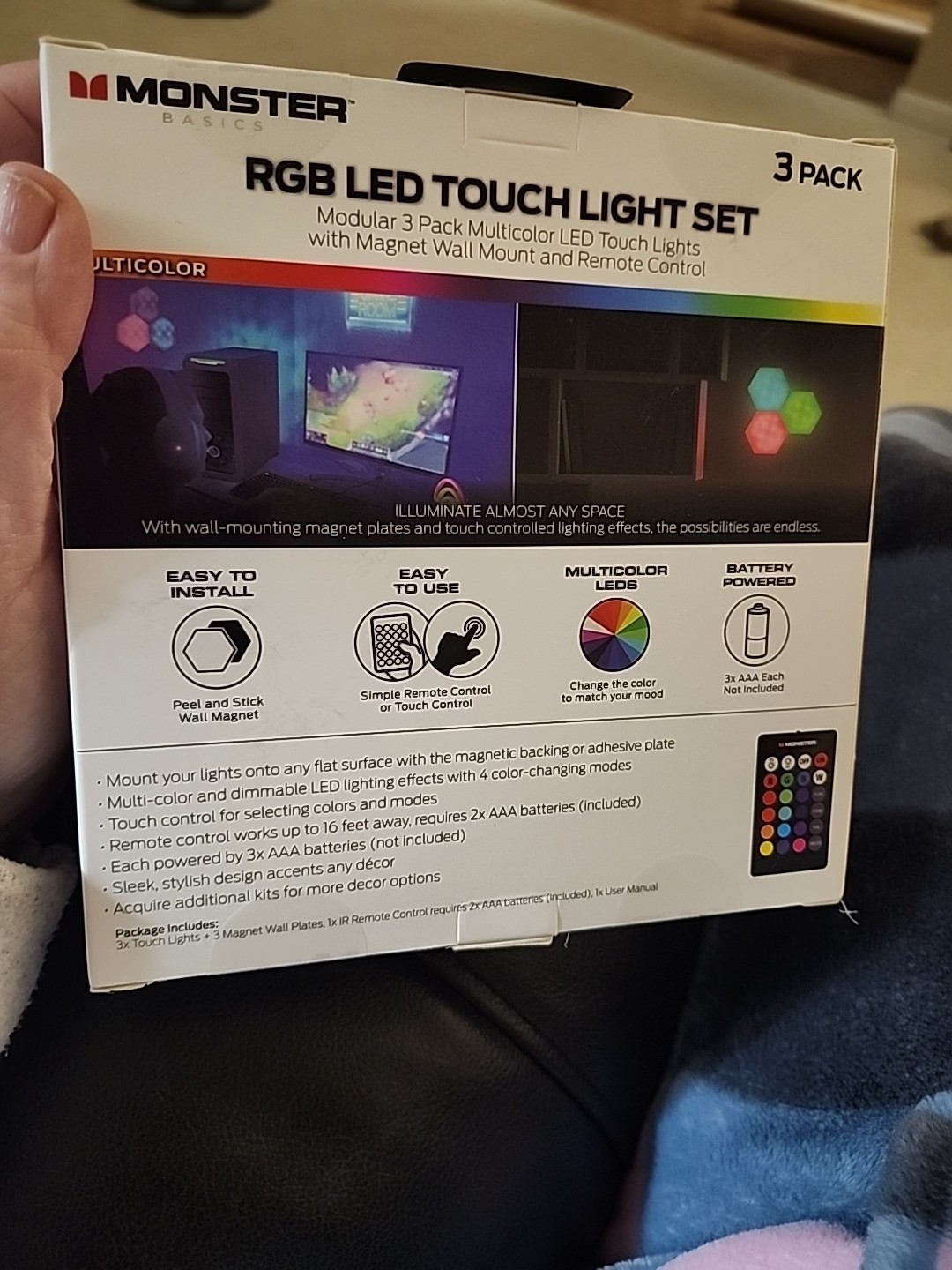 Multi-Color LED Touch Light Modular 3 Pack w/Wall Mount & Remote New In Box Wall
