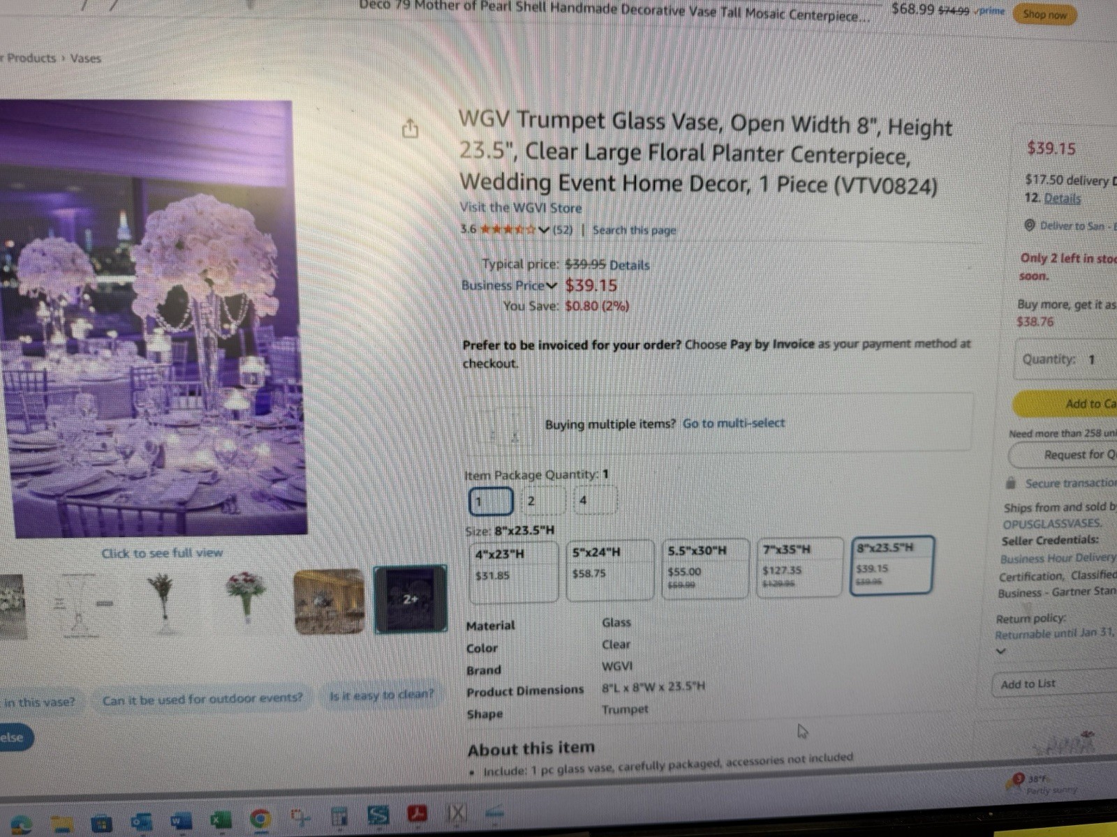 23.5” X 8” Clear Glass Flared Pedestal Vase