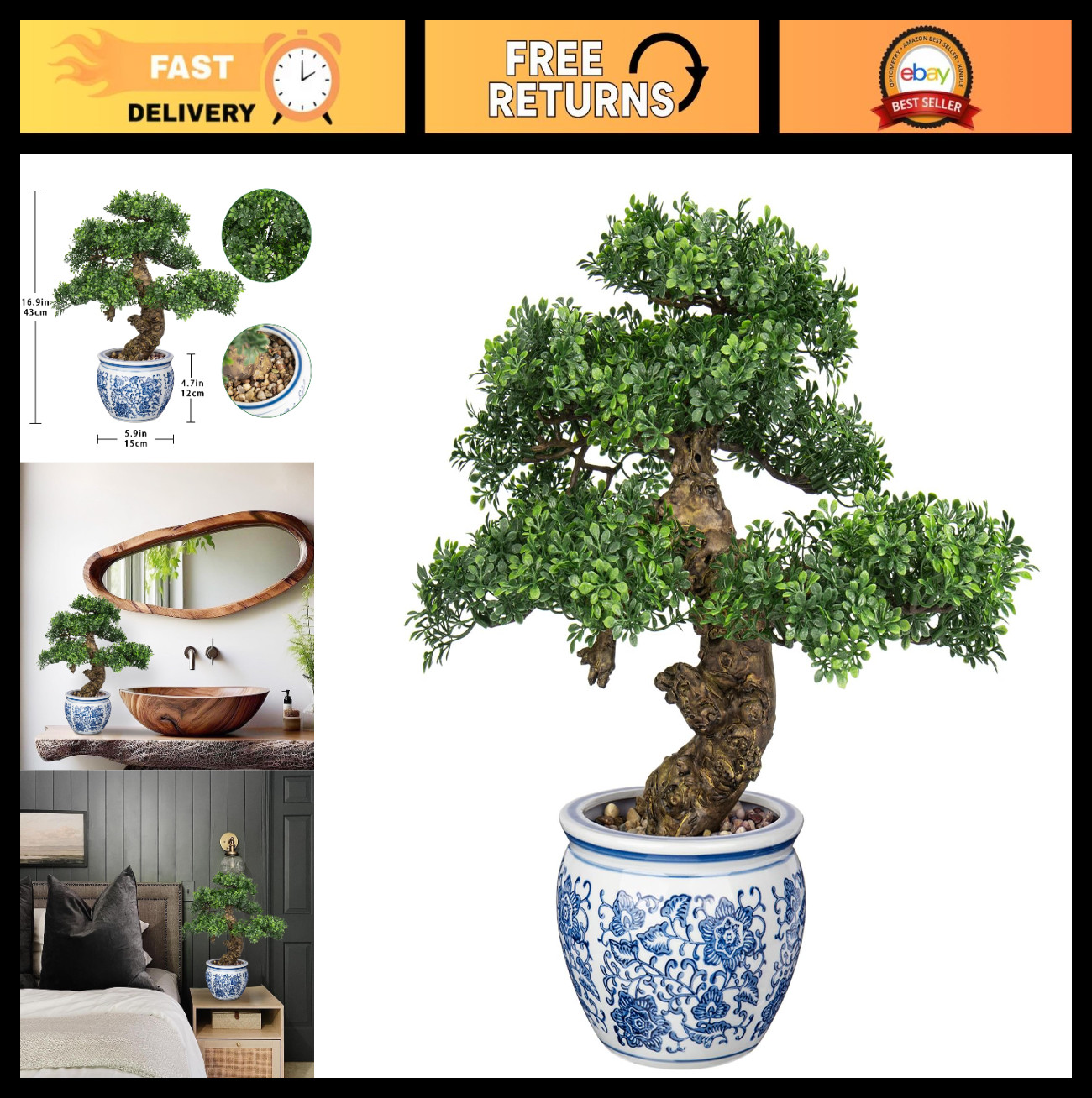 17” Tall Artificial Bonsai Tree – Decorative Indoor Plant with Porcelain Pot & P
