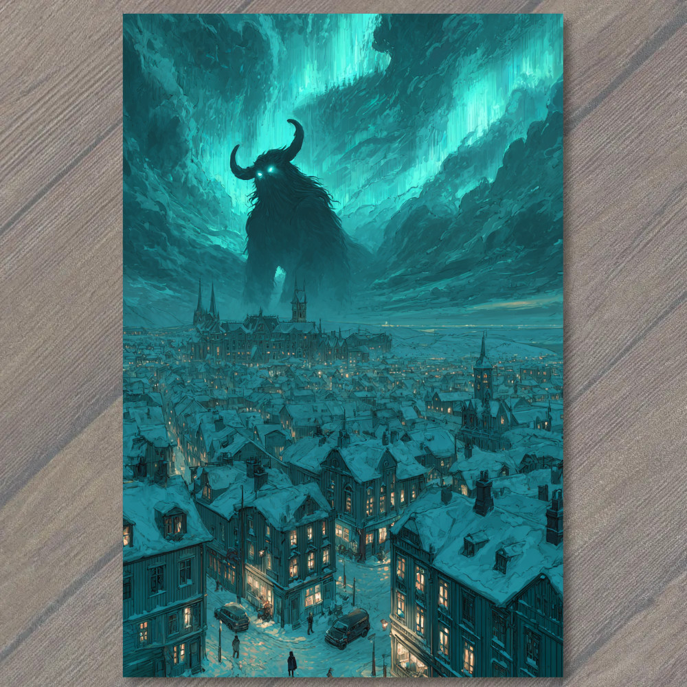 Art Print Giant Horned Monster Aurora Lights Over Snowy Winter Village