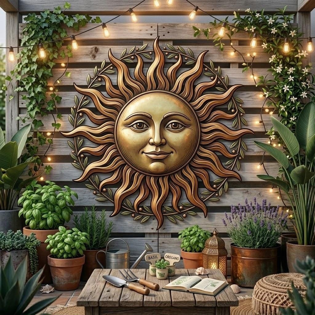 Sun Face Metal Wall Art, Rustic Sun Garden Decor, Celestial Outdoor Patio Sign