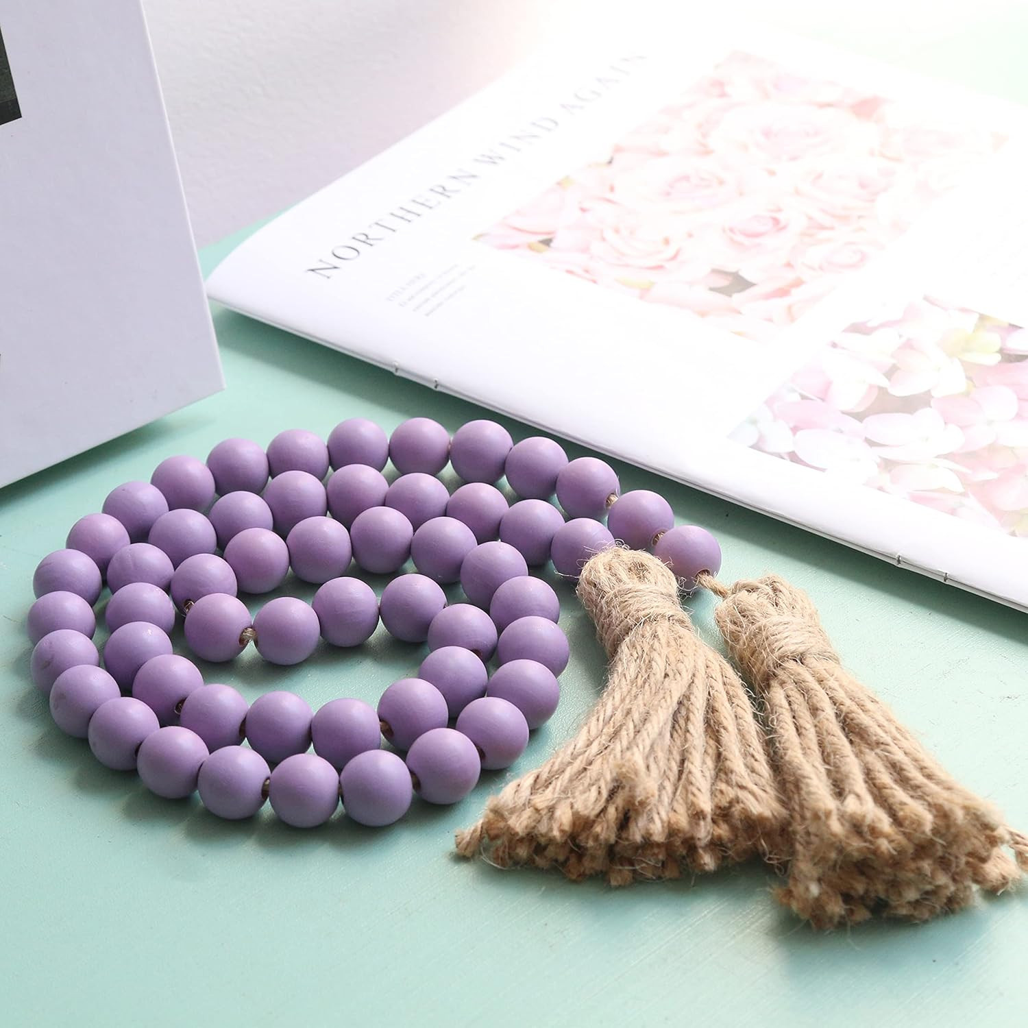 39in Wood Bead Garland Farmhouse with Tassels,Versatile Prayer Beads Boho Chic W