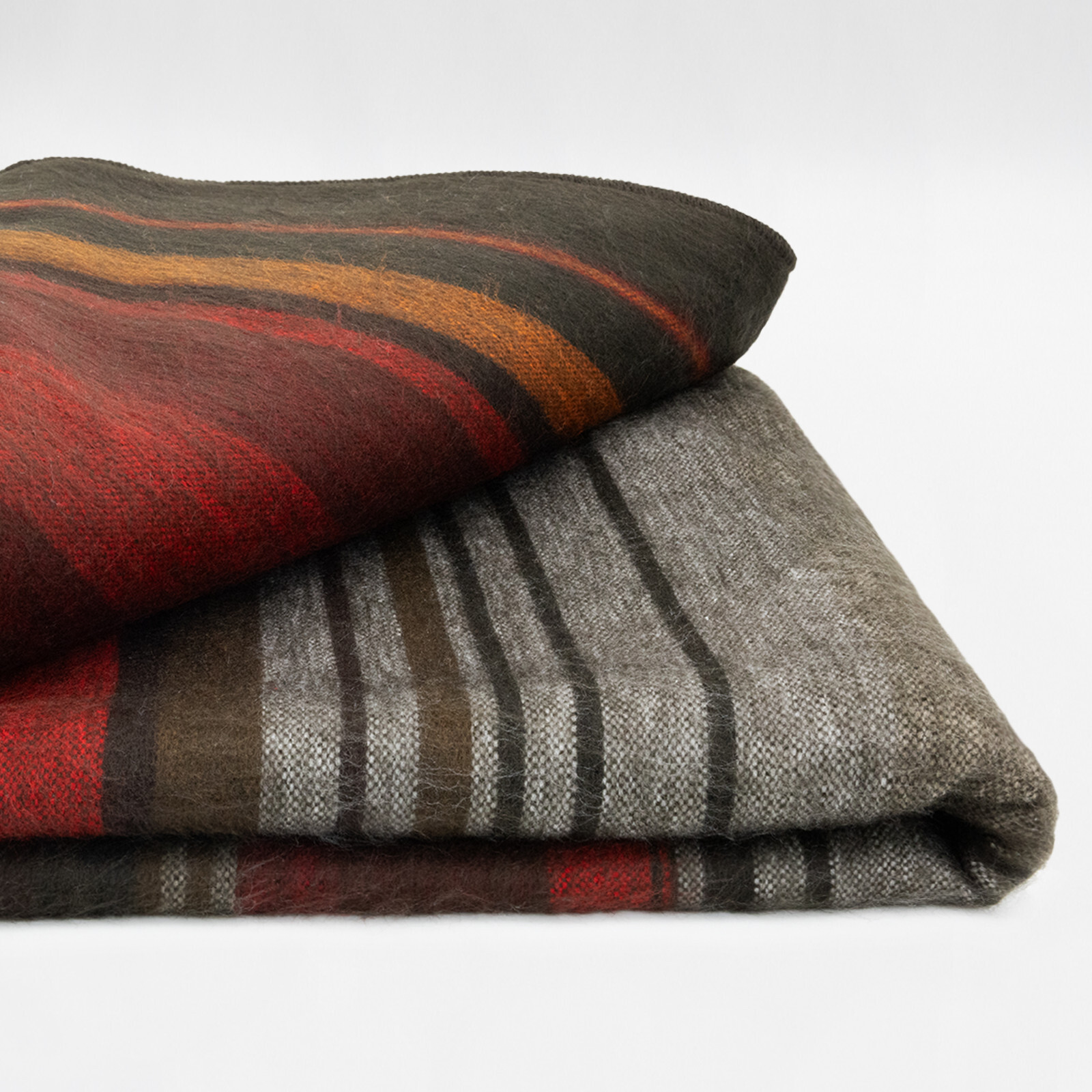HIGHLAND STRIPED ALPACA WOOL BLANKET – 95×69 in | RED BROWN ORANGE GREY | QUEEN