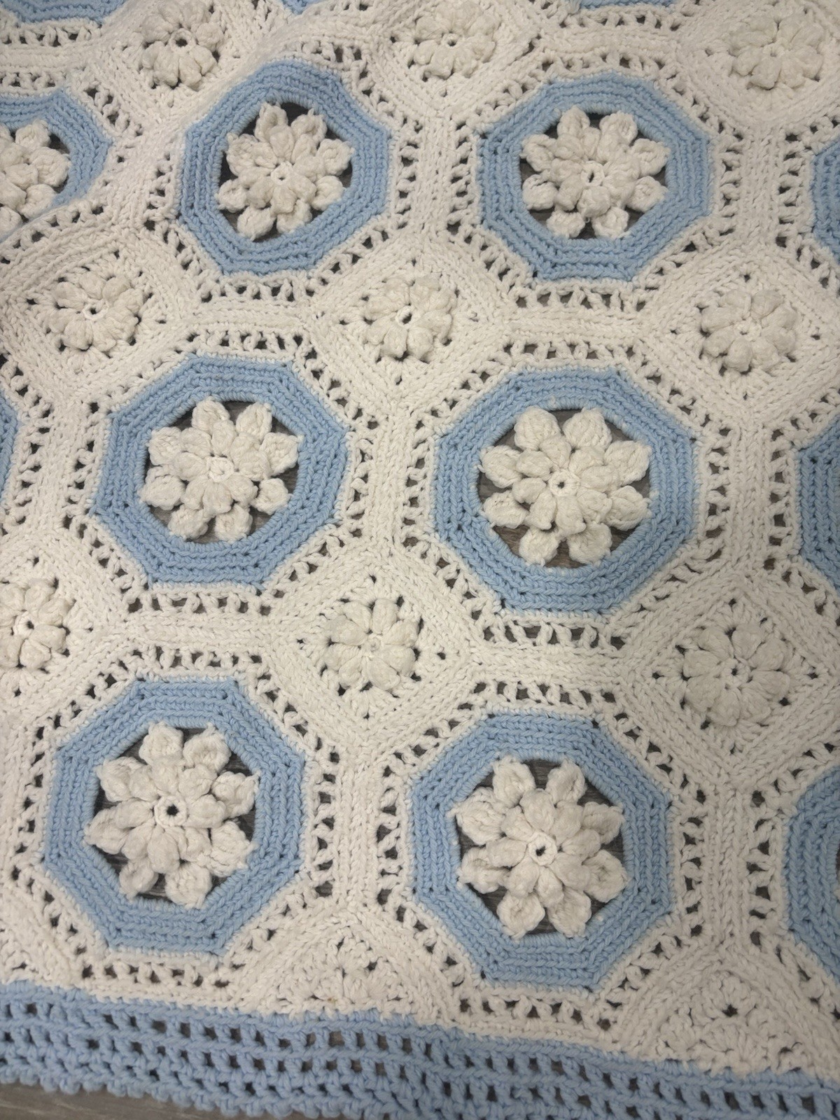 Vintage Handmade Crochet Afghan Blanket 50×62 3D Floral Granny Square Blue White