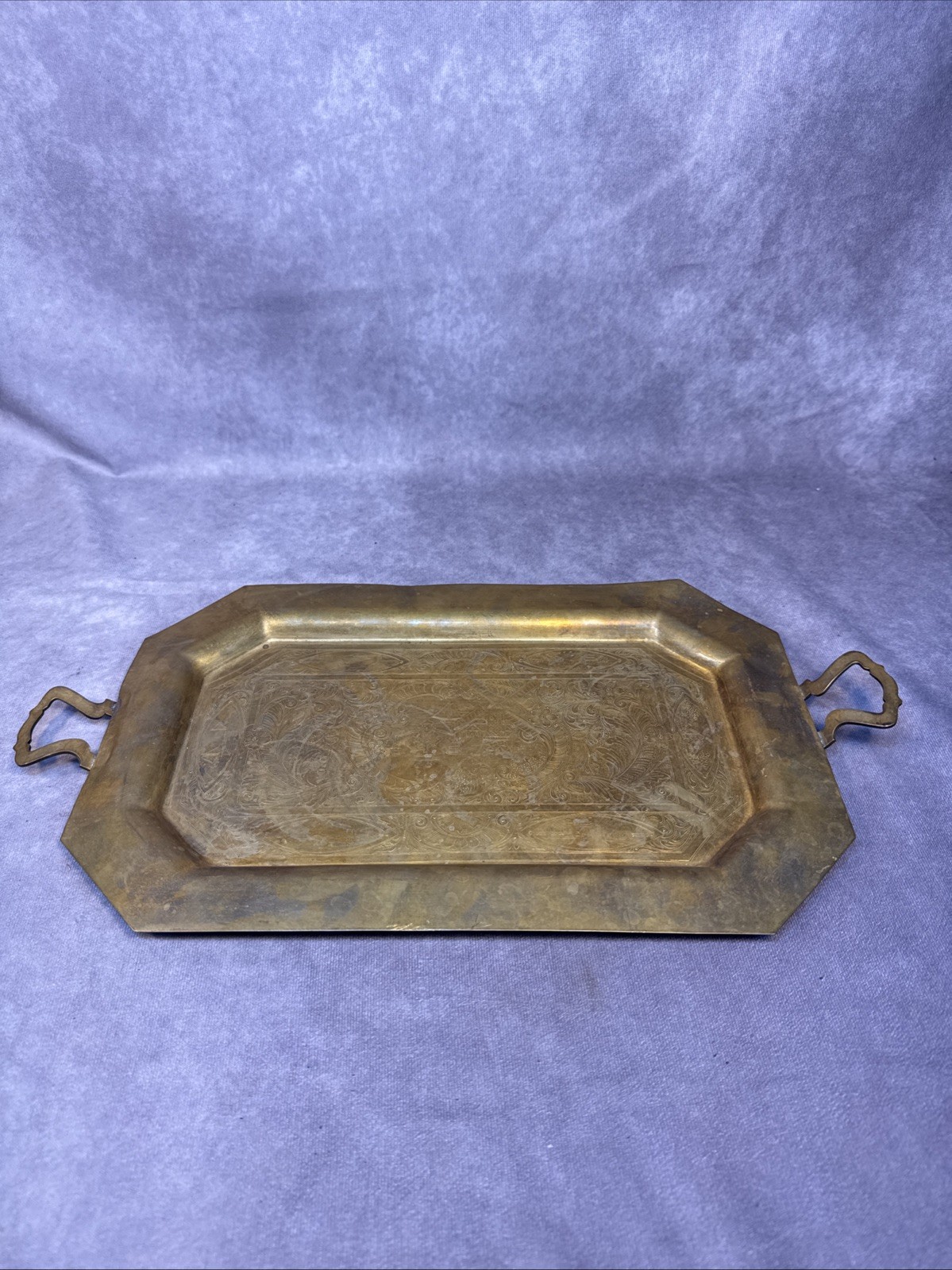 Vintage Brass Ornate Etched Decorative Serving Tray with Handles Rectangular