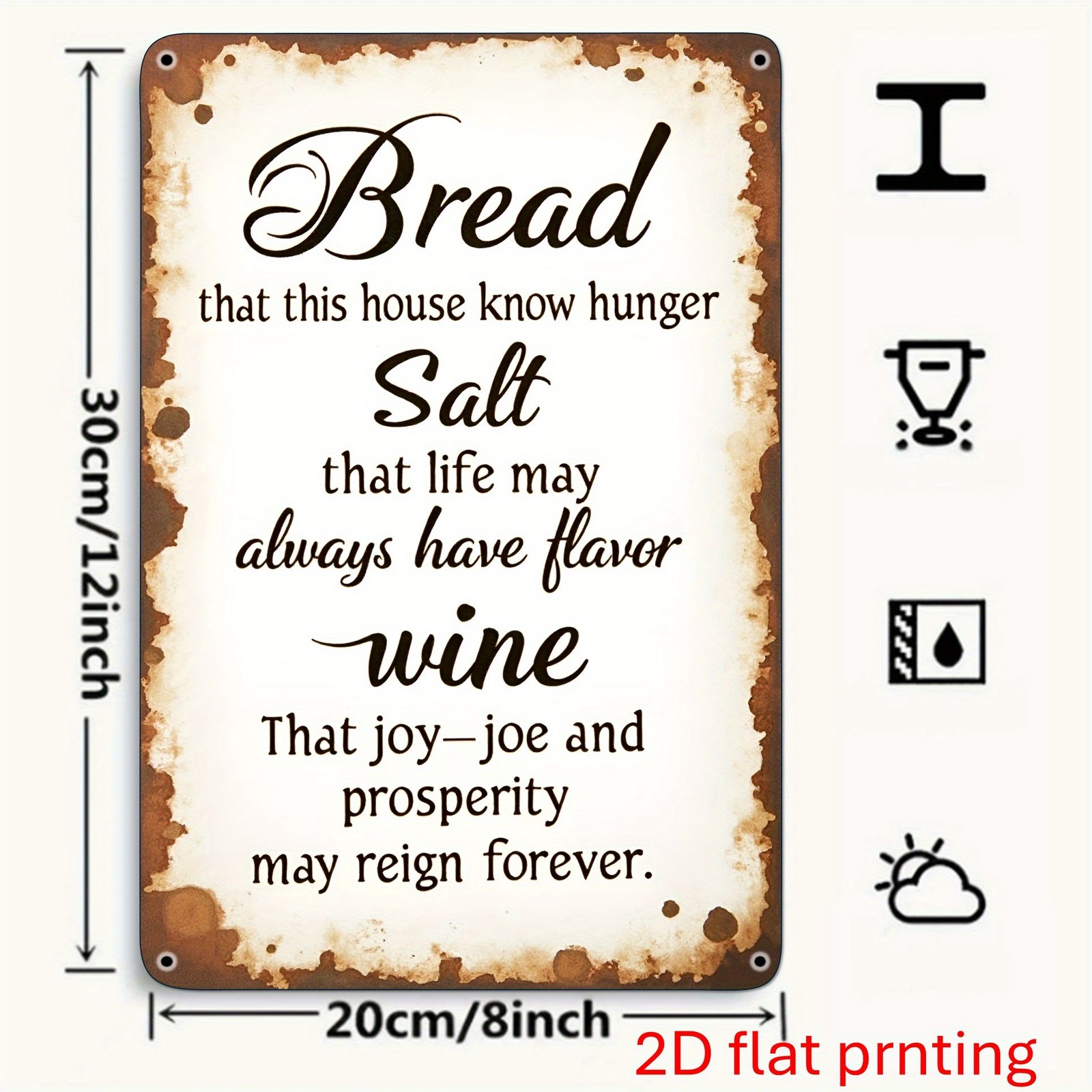 Vintage Metal Wall Art Sign “Bread, Salt, And Wine” 20.32X30.48 Cm
