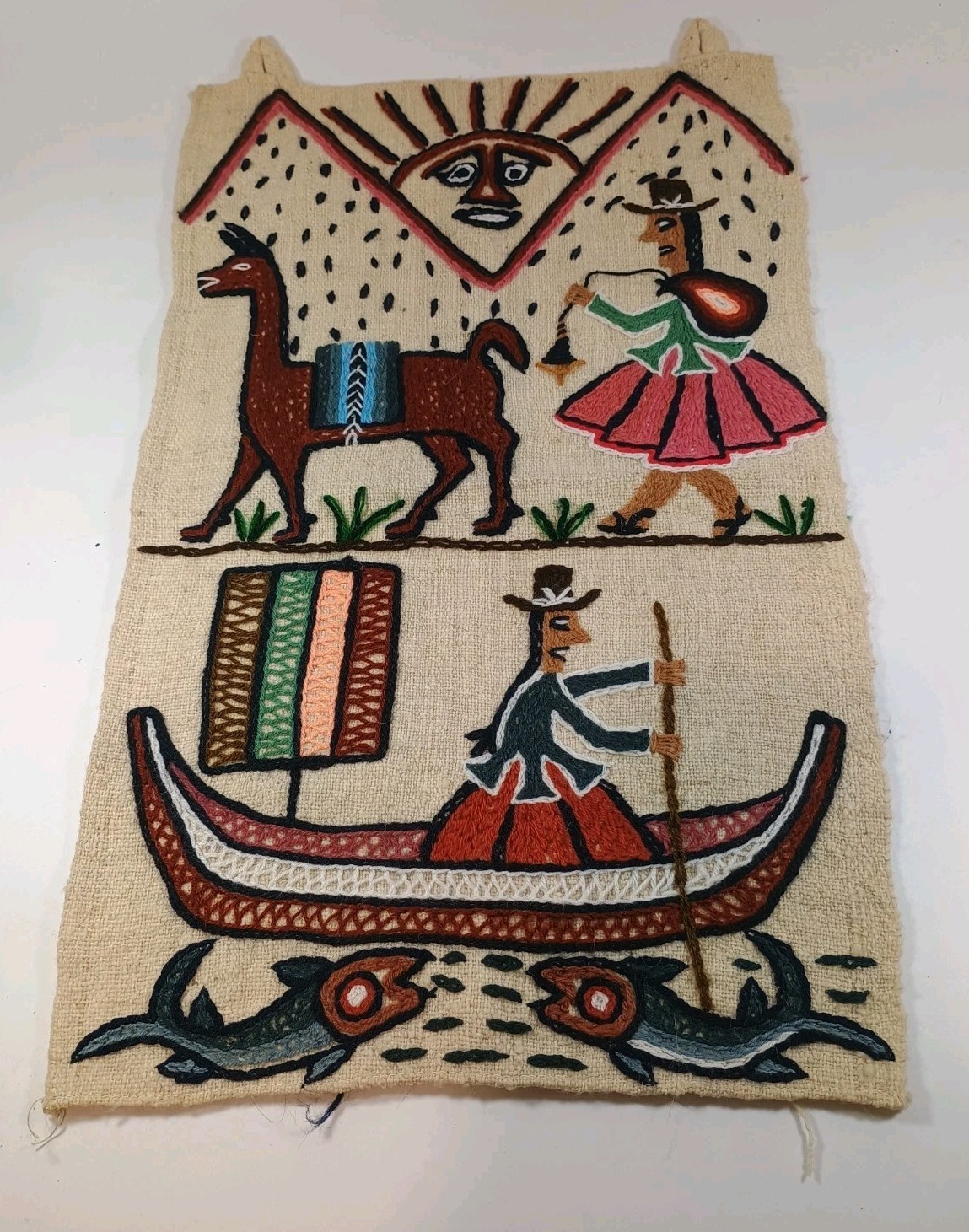 Vintage Peru Wool Woven Wall Hanging Llama Boat Fish Sun Women Repair 12″ x 20″