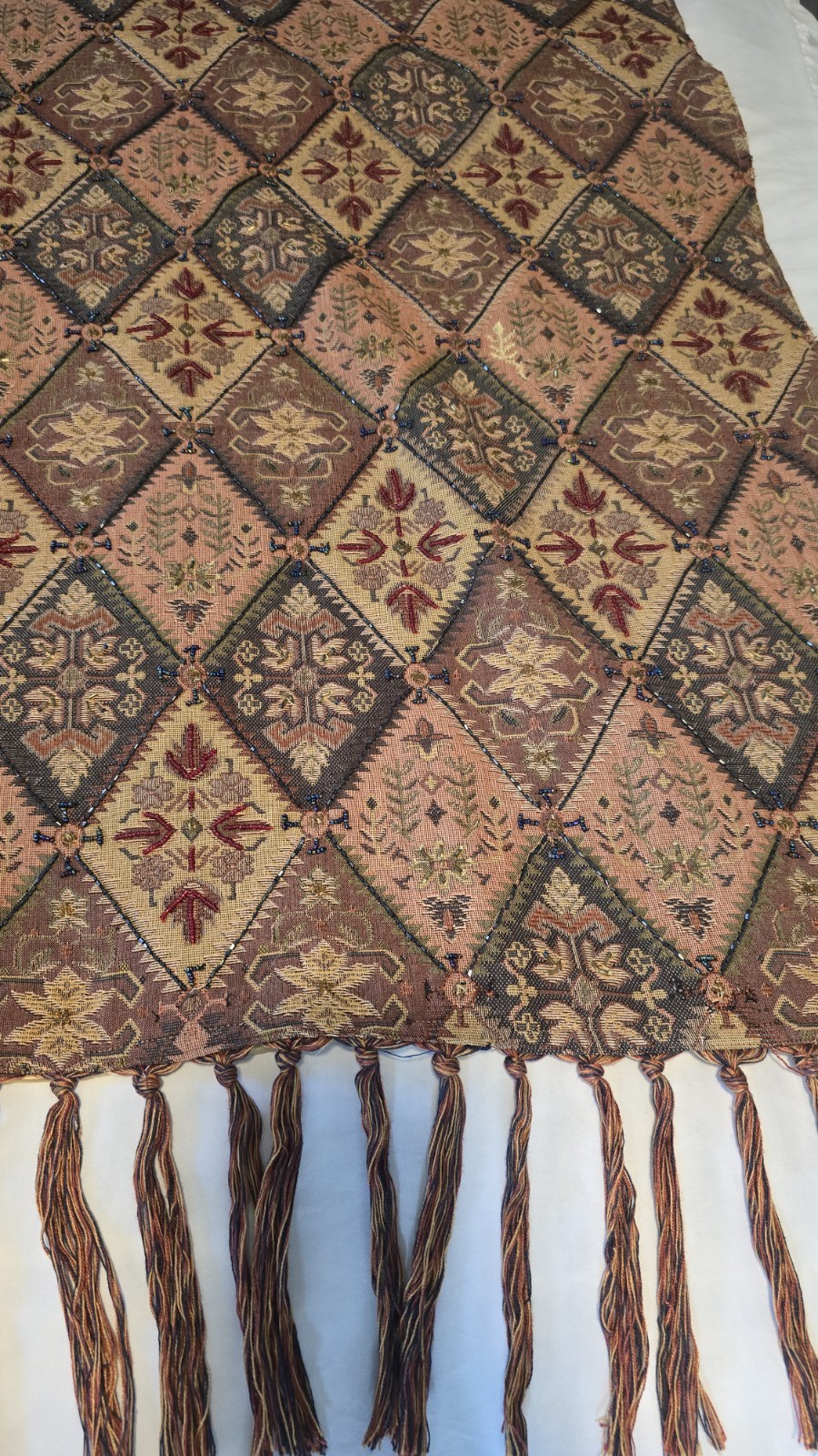 Vtg Pier 1 Imports Boho Beaded Diamond Moroccan Tapestry Fringe Throw & Pillow