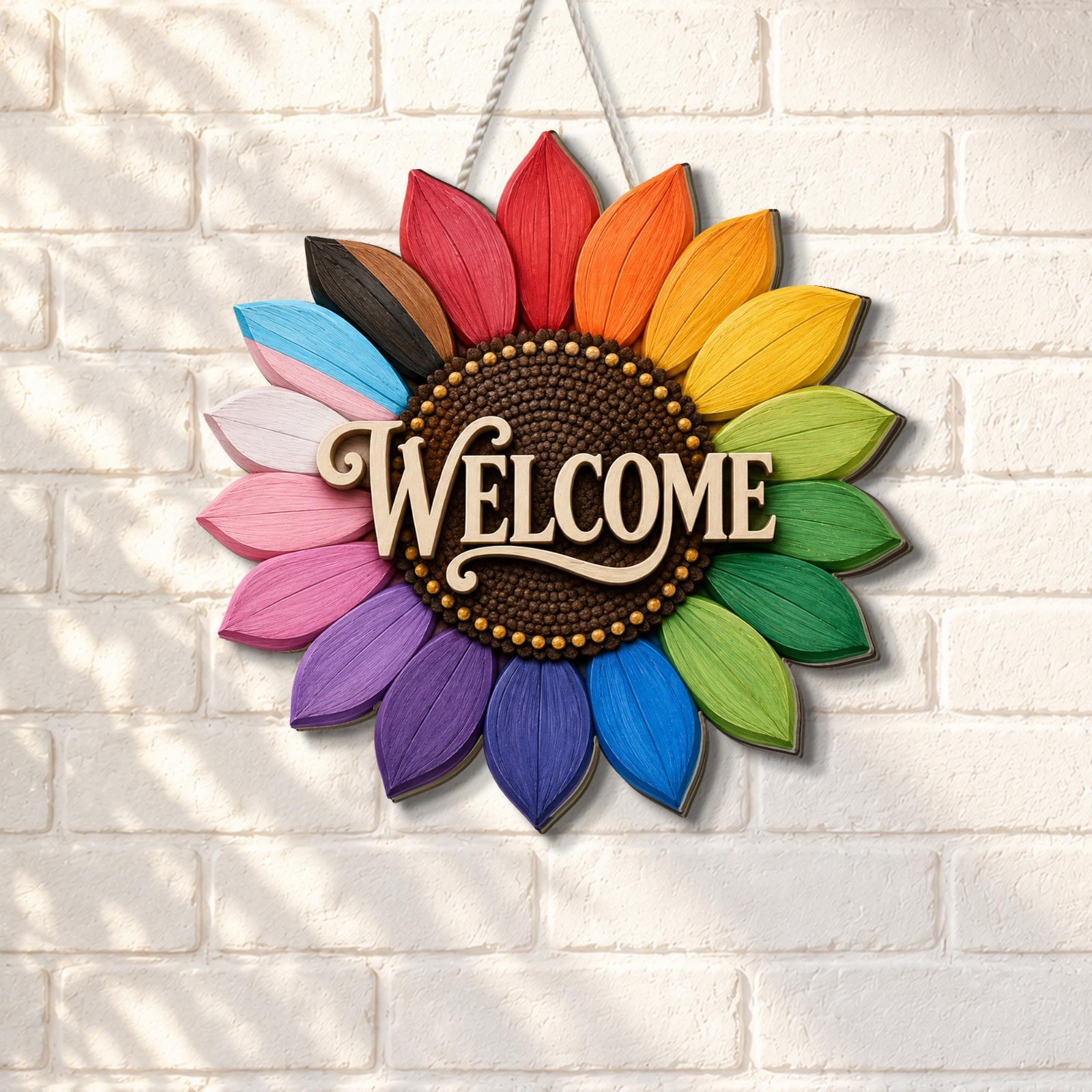 Rainbow Sunflower Welcome Sign, Colorful Wooden Door Hanger, Rustic Floral Porch