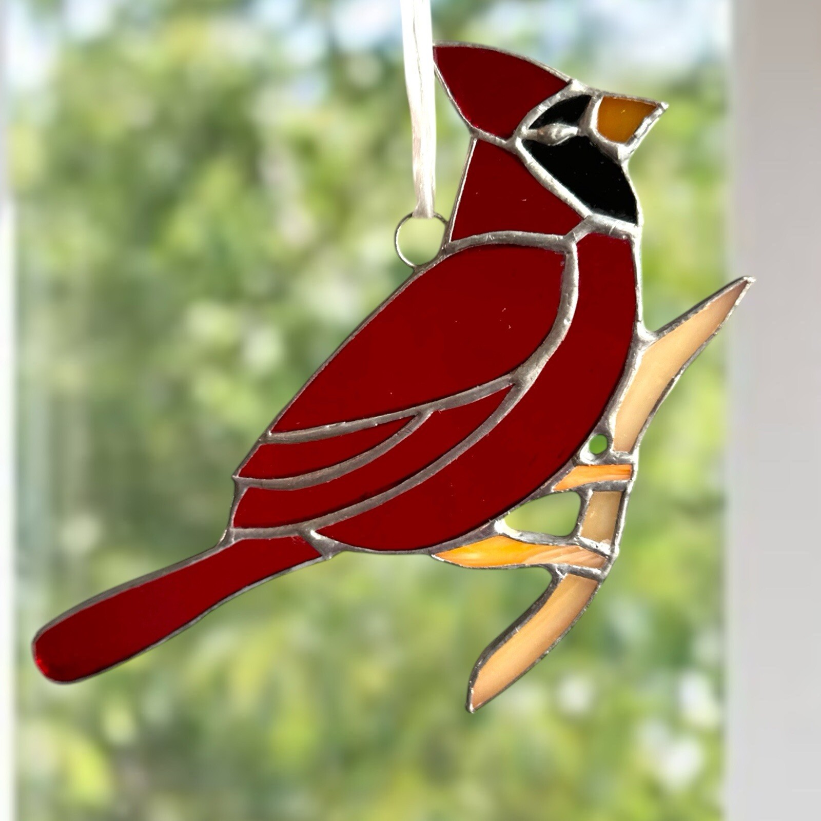 Stained Glass Northern Cardinal American Suncatcher – Handmade Window Decor Gift