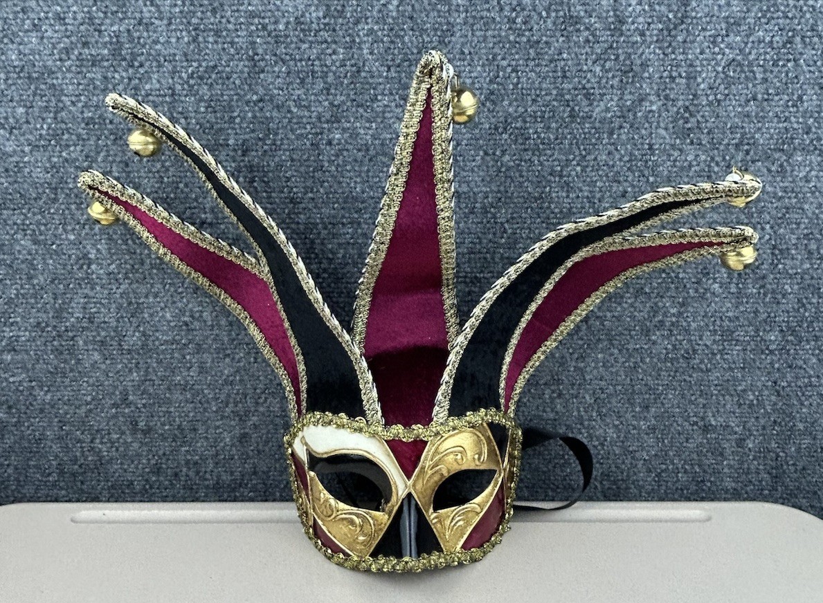Pier 1 Imports Hand Painted Italian Venetian Jester Mask Red & Black & Gold