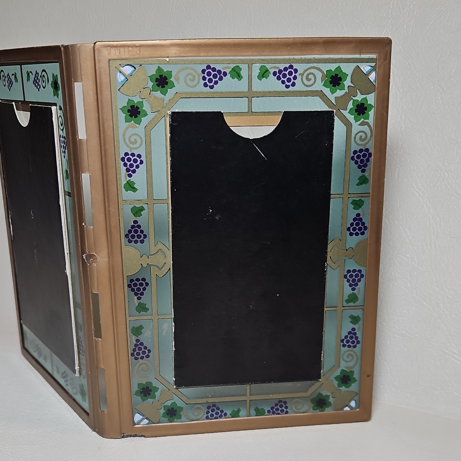 Vtg Cottagecore Stained Glass Folding Frame 3.5″ x 5″ Metal Matte Freestanding