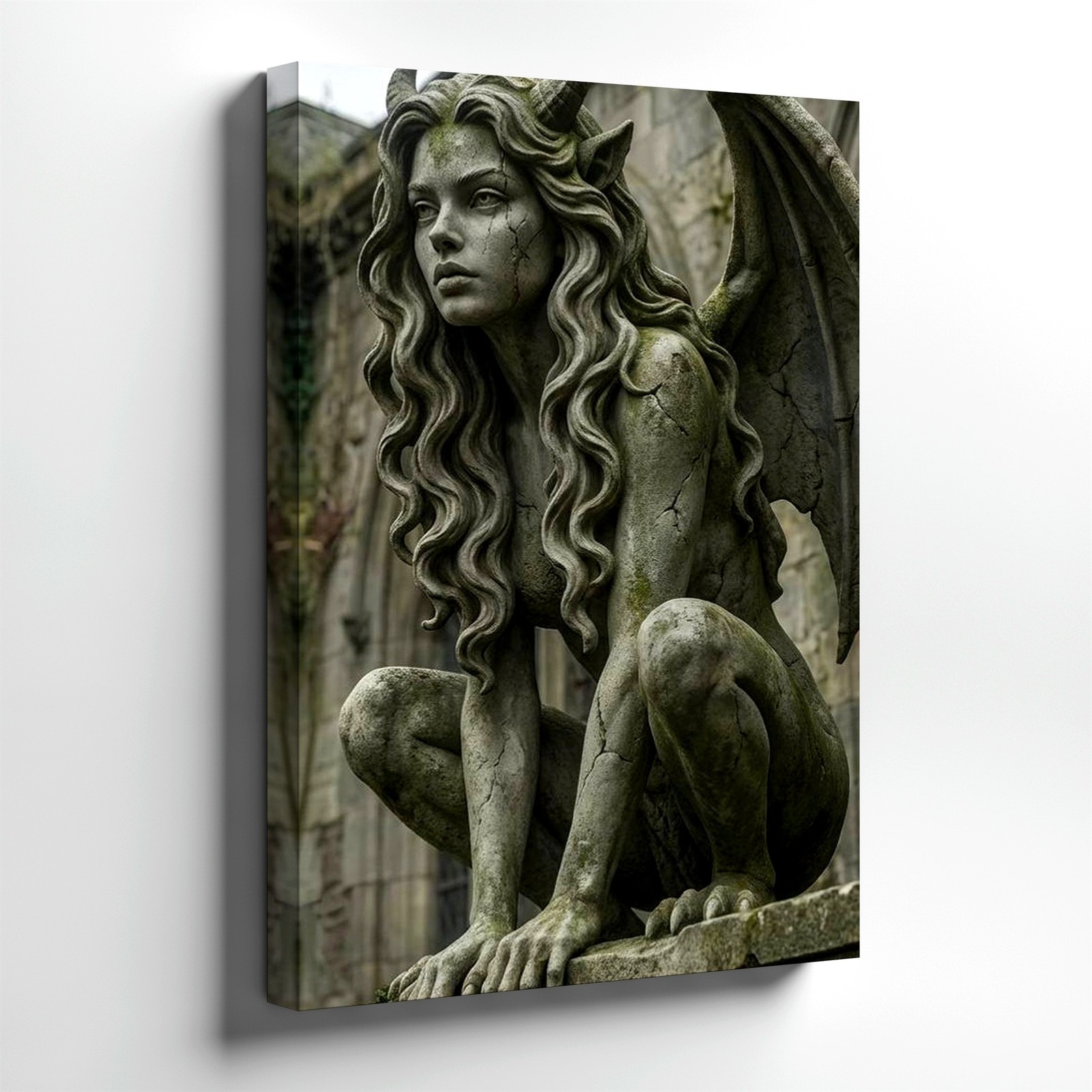 Wall Art Gothic Gargoyle Statue Print Winged Demon Woman Dark Fantasy Decor