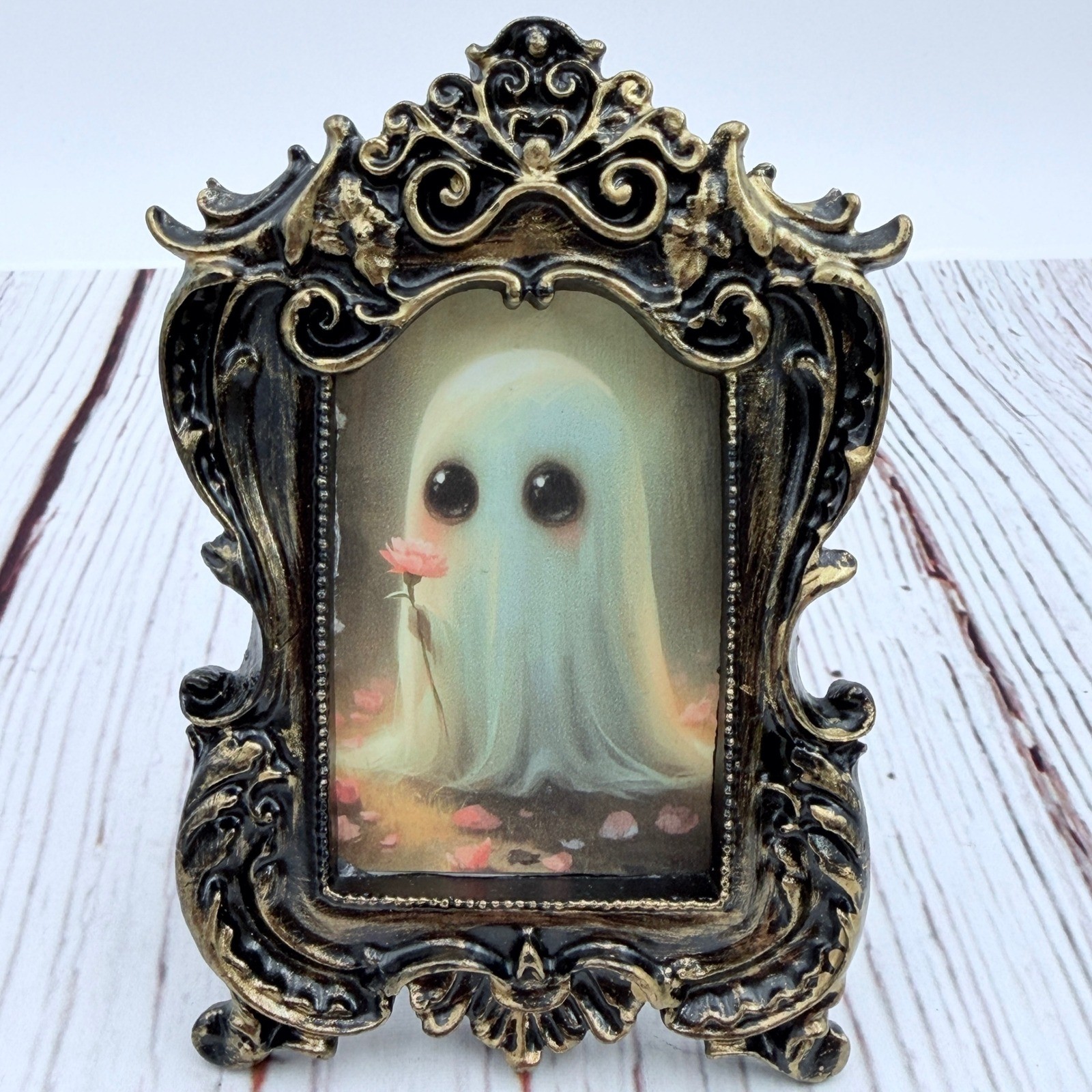 Original Ghost Art in Ornate Gold and Black Baroque Frame 4.75″ x 3.25″
