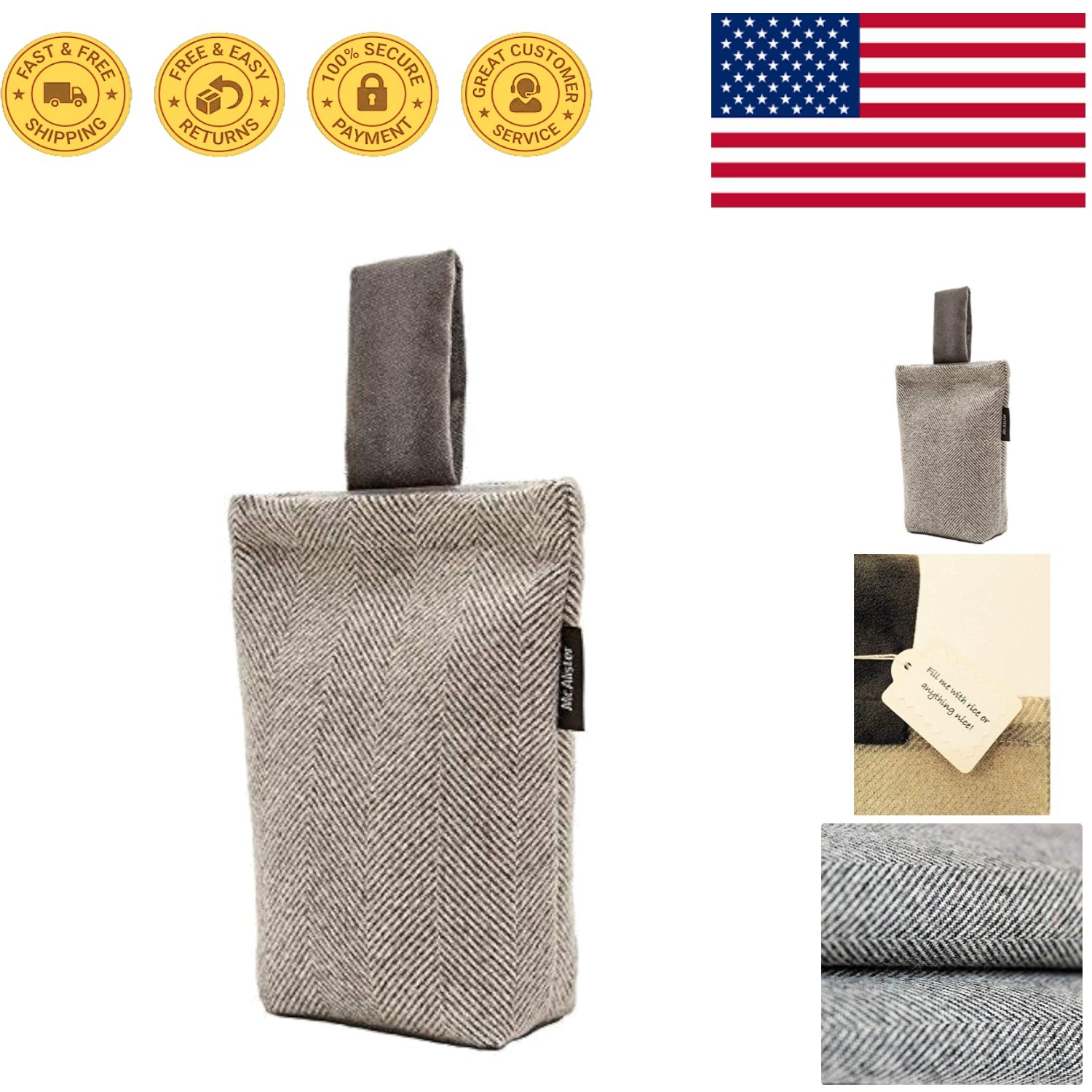 Rustic Herringbone Fabric Doorstop – Charcoal Grey, 8×7 Inches, Machine Washable