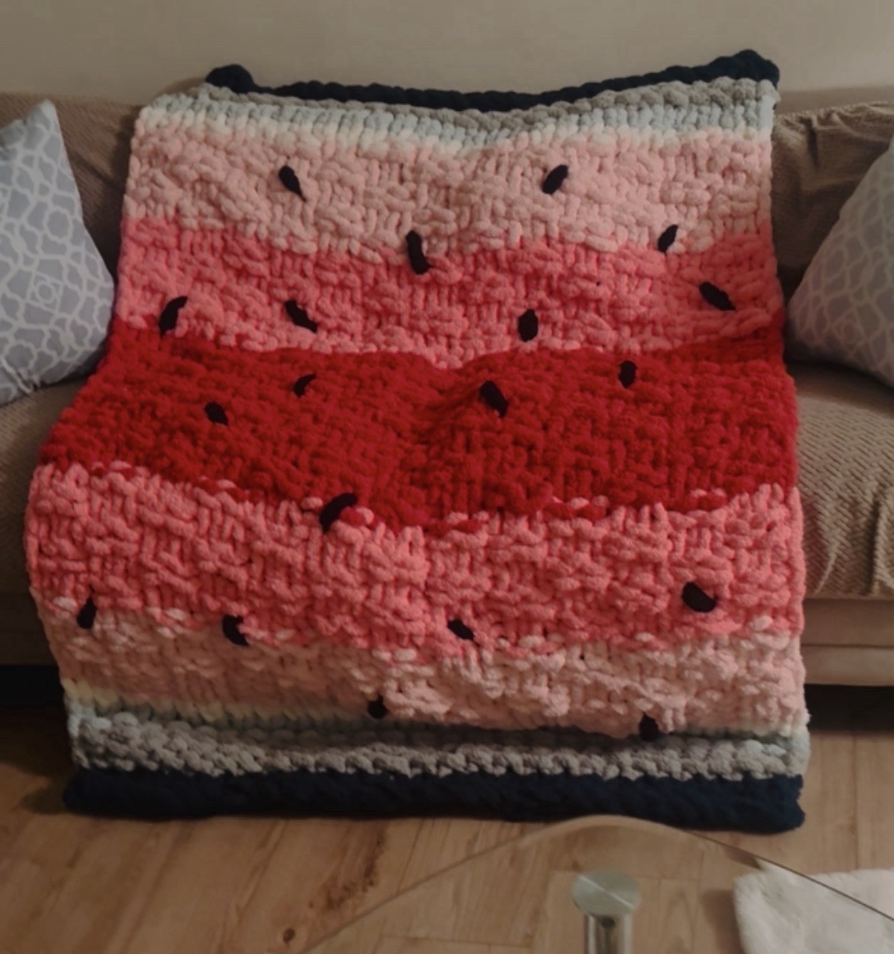 Handmade Chunky Knit Watermelon Pattern Throw Blanket, Modern Fruit Design