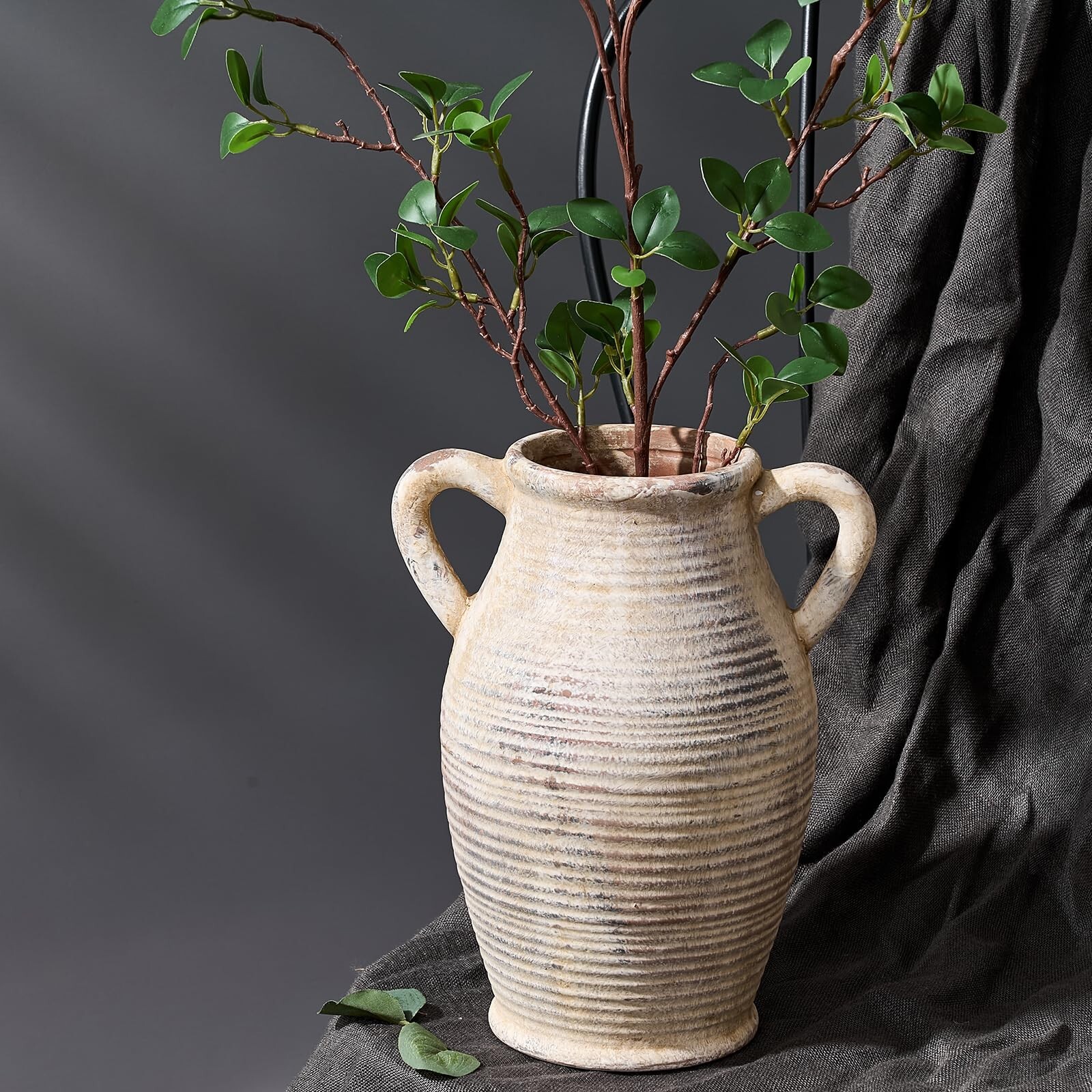 Large Ceramic Rustic Vase with 2 Handles, 9.8 inch Whitewashed Terra Cotta Va…