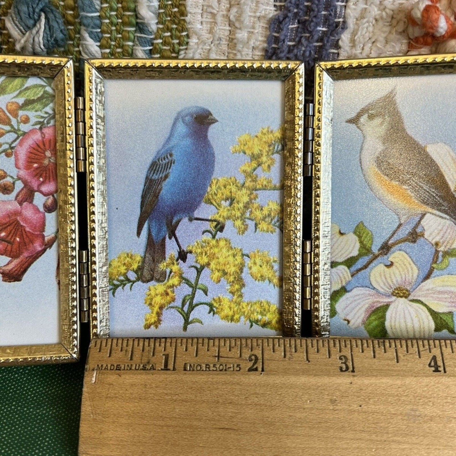 Vintage Birds in Tri-Fold Frame Photo Picture Brass Hinged 3.25×2.25″ MCM Decor