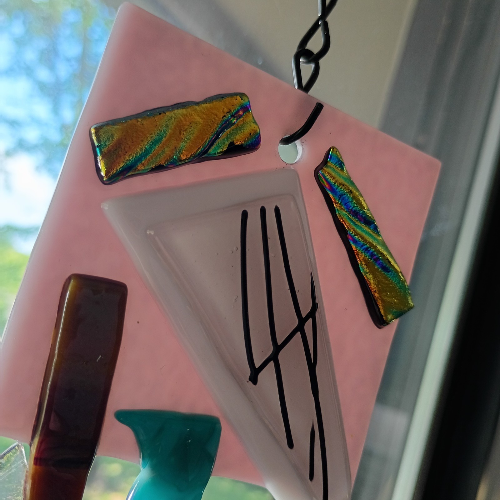 Handmade Fused Art Glass Suncatcher Lavender And Rainbow Dichroic Yard Art 8×3