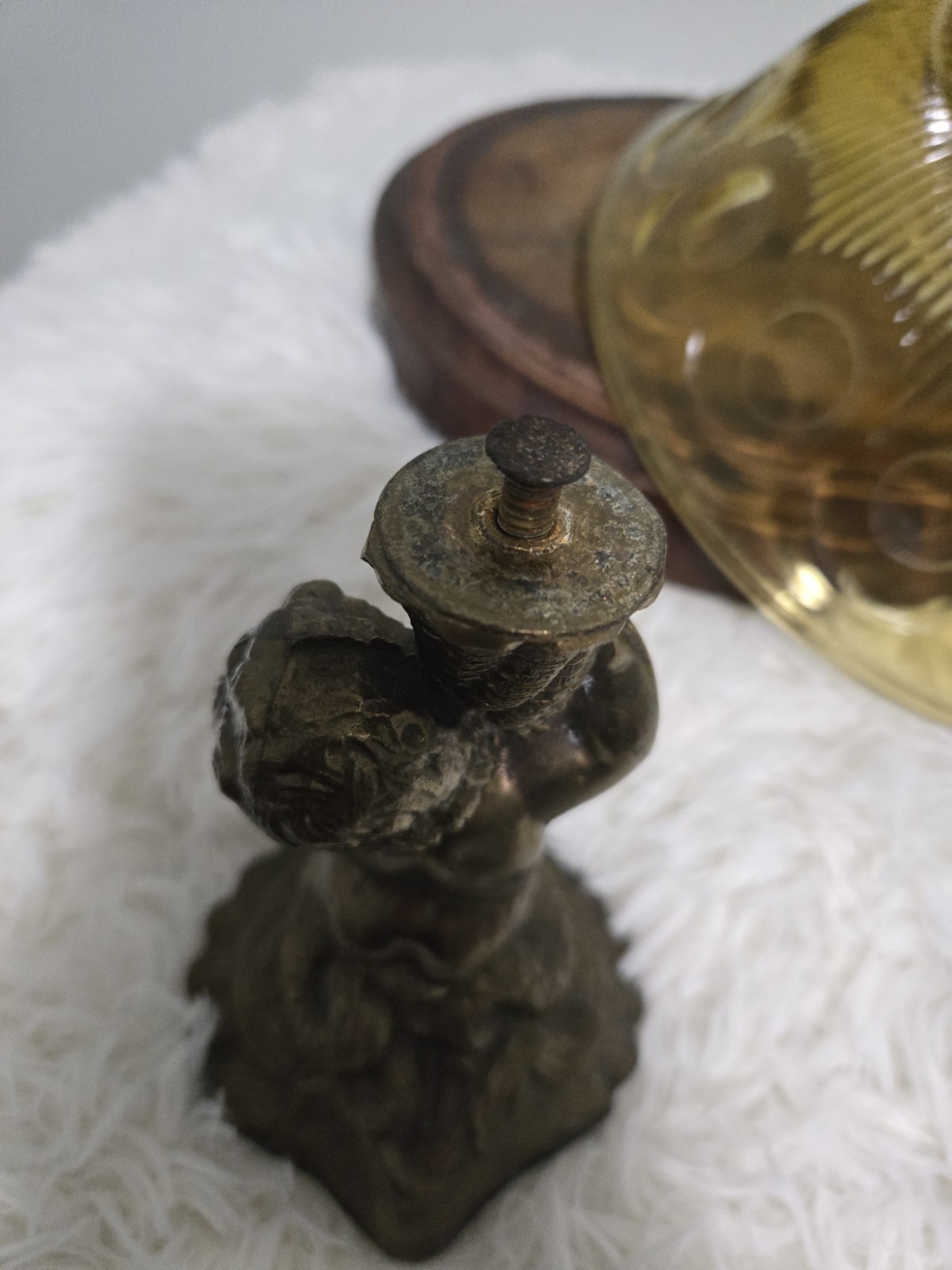 Antique Amber Pressed Glass Compote Pedestal Bowl Cherub Bronze Metal Base