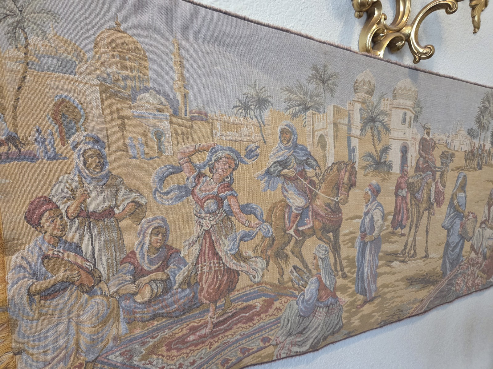 Woven Belgian Wall Tapestry Arabian Market Street Scene 57″x20″ Vintage