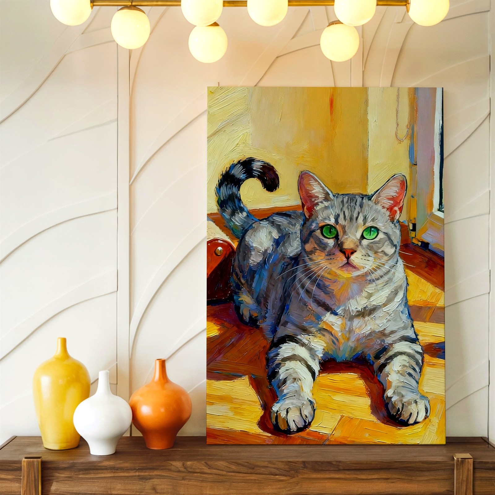 Wall Art Gray Tabby Cat Painting Print Green Eyes Feline Pet Home Decor Gift