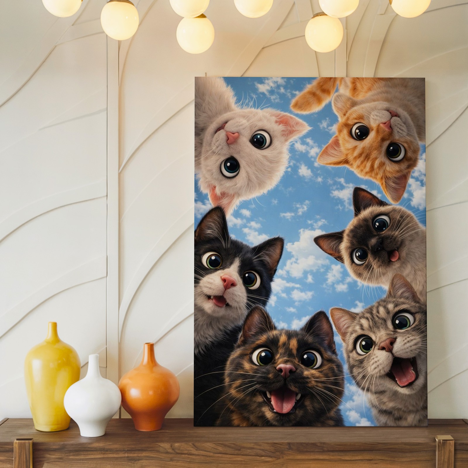 Cute Cats Canvas Wall Art Blue Sky Kitty Faces Whimsical Animal Decor Print