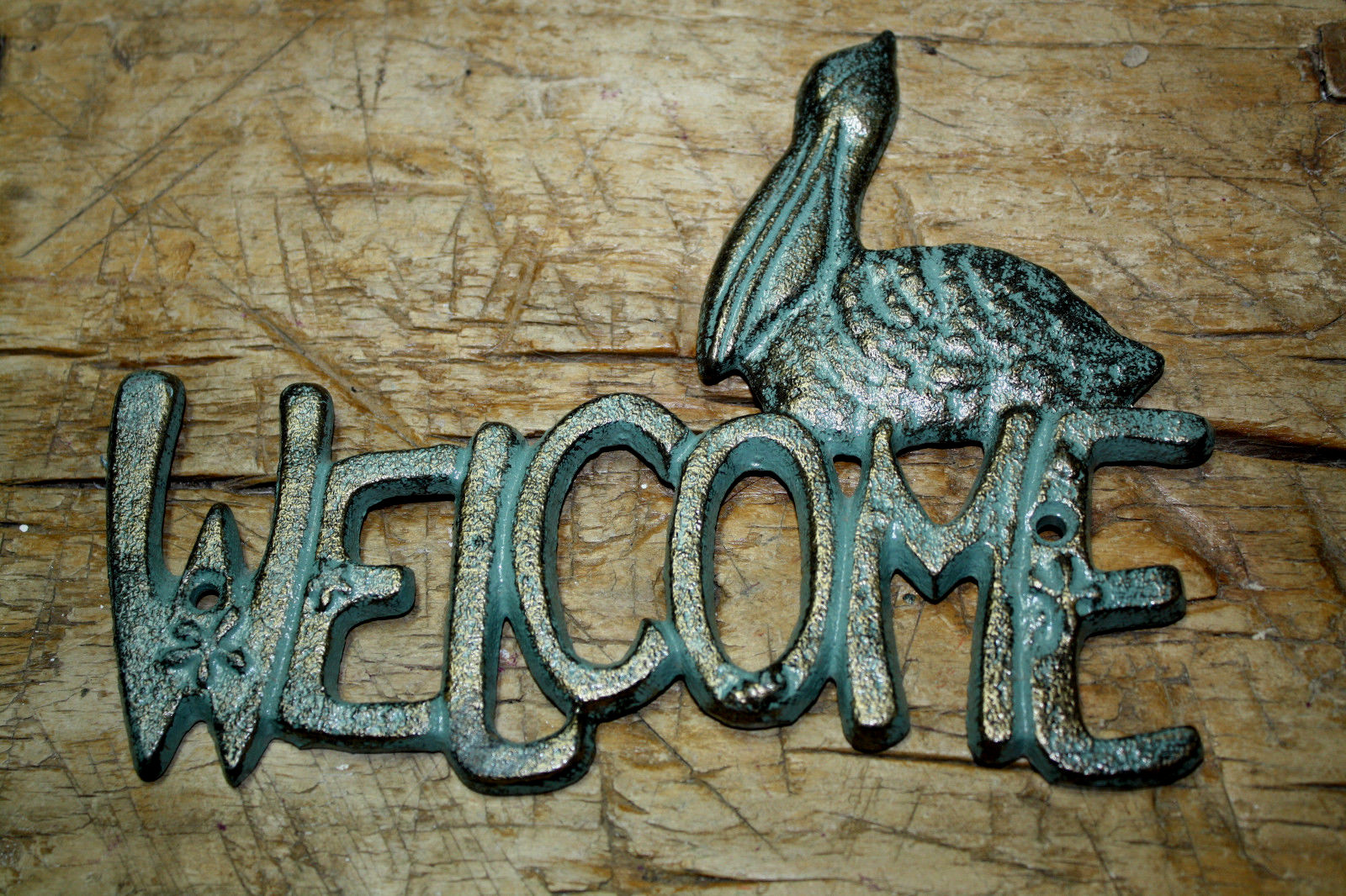 Cast Iron Antique Style Pelican WELCOME Plaque Nautical Sign Wall Decor Beach