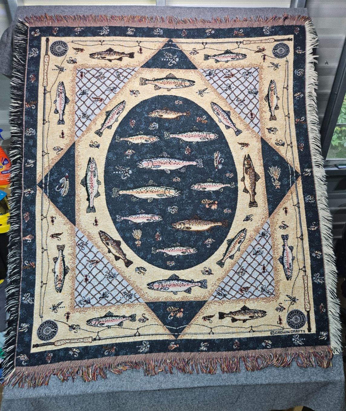 Crown Crafts fly fishing trout woven tapestry throw blanket 56″ tall x 48″ wide