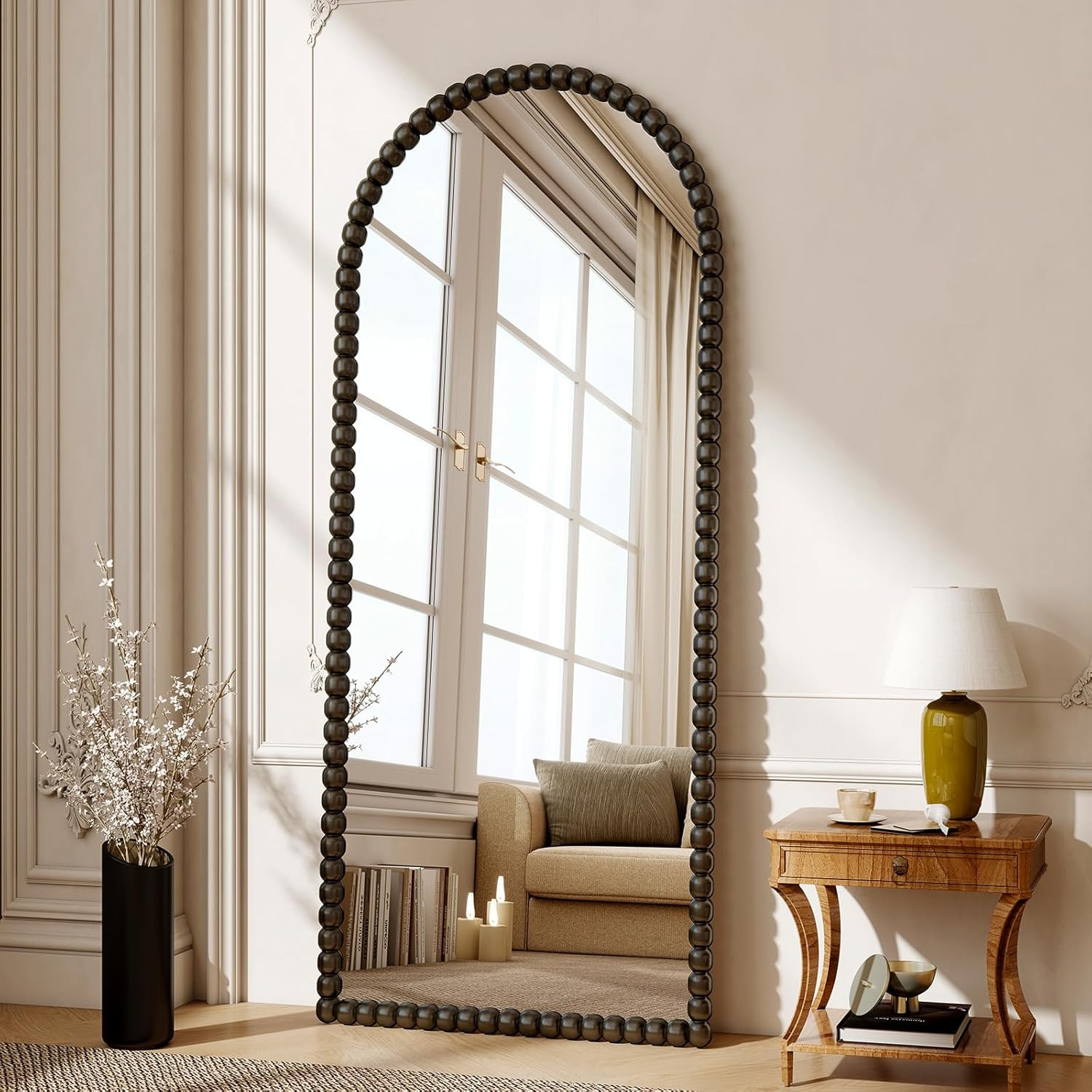 Antique Arched Full Length Mirror – Vintage Beaded Floor Mirror for Any Room