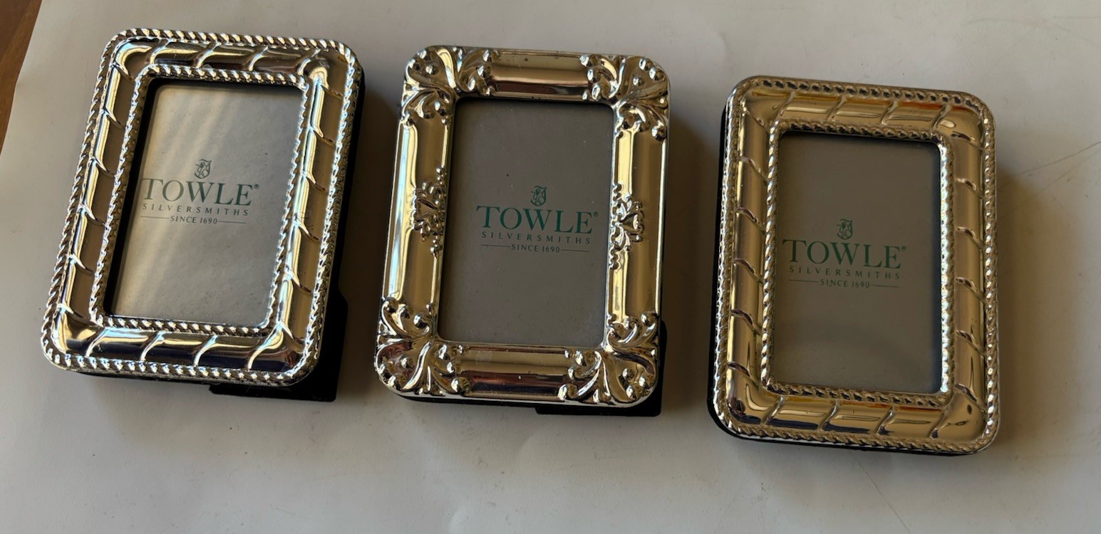 3 Mini 3x4in TOWLE Silversmiths Decorated Frames Black Velvet Back w/ Easl New