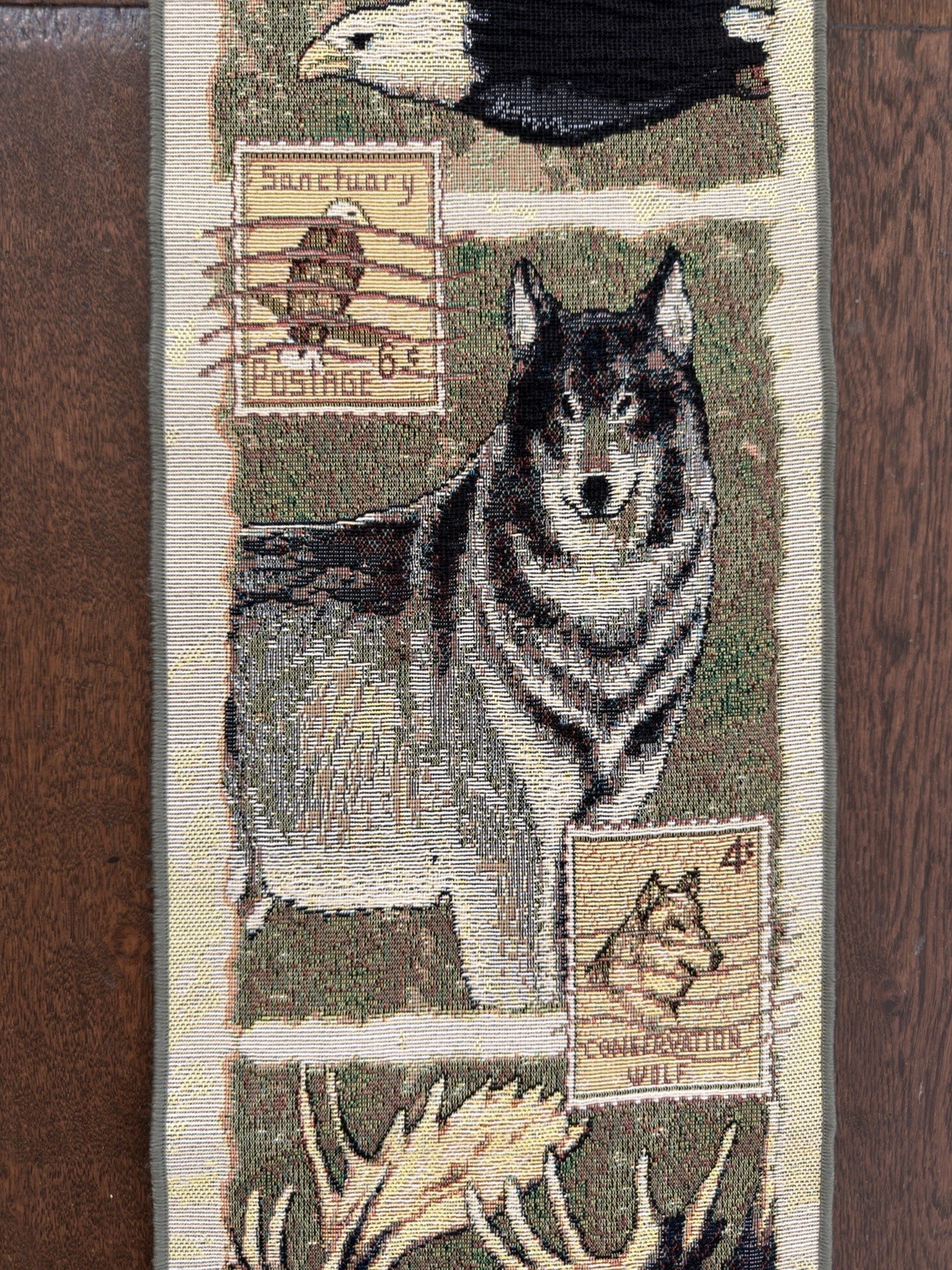 Vintage Wildlife Tapestry Bell Pull Wall Hanging Eagle Wolf Moose Bear Rustic