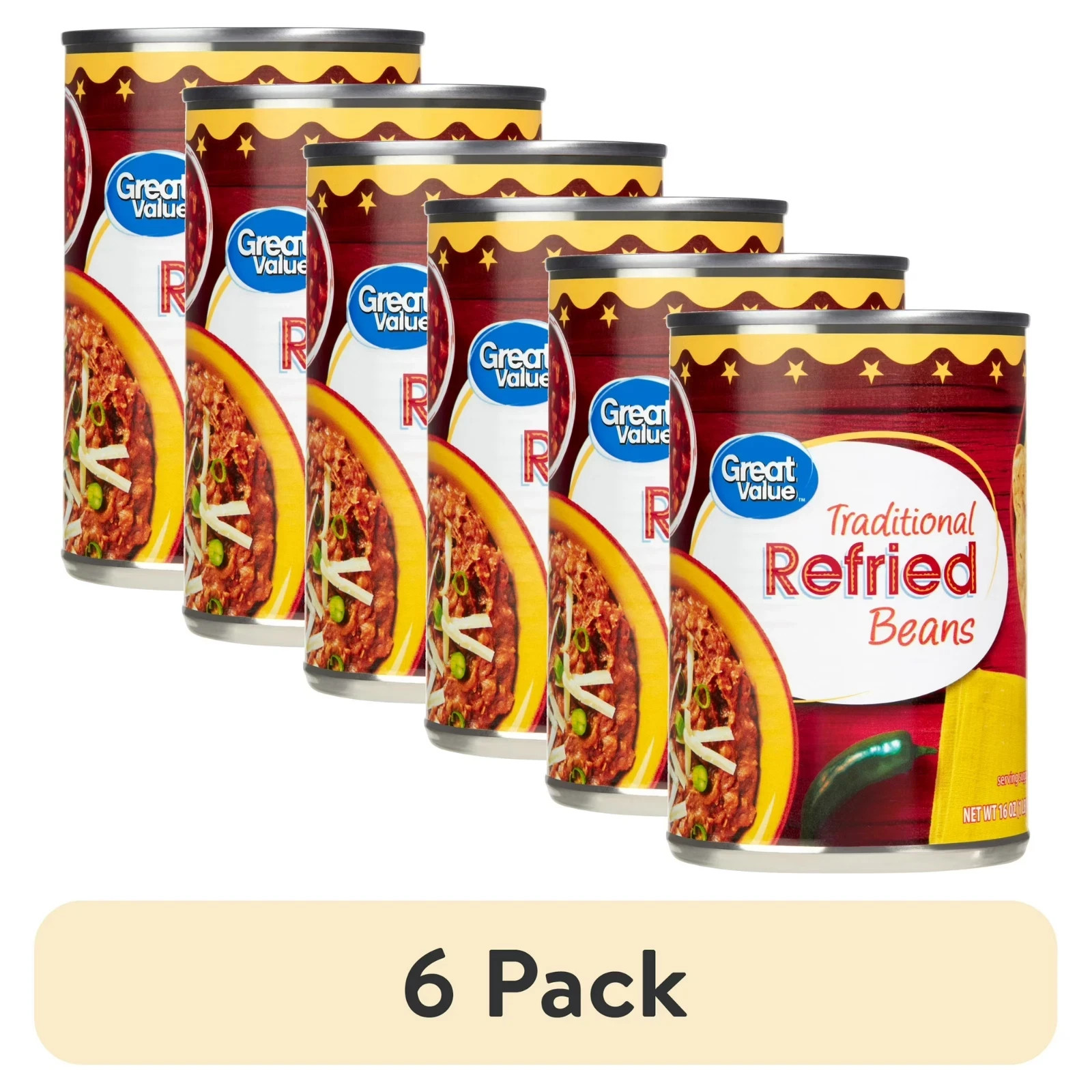 (6 pack) Great Value Traditional Refried Beans 16 oz