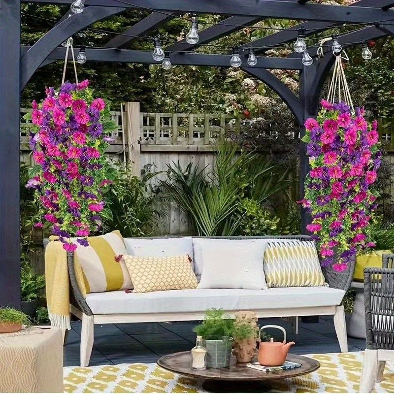 4pcs Artificial Hanging Petunia Flowers UV Resistant Fake Vines Outdoor Garden