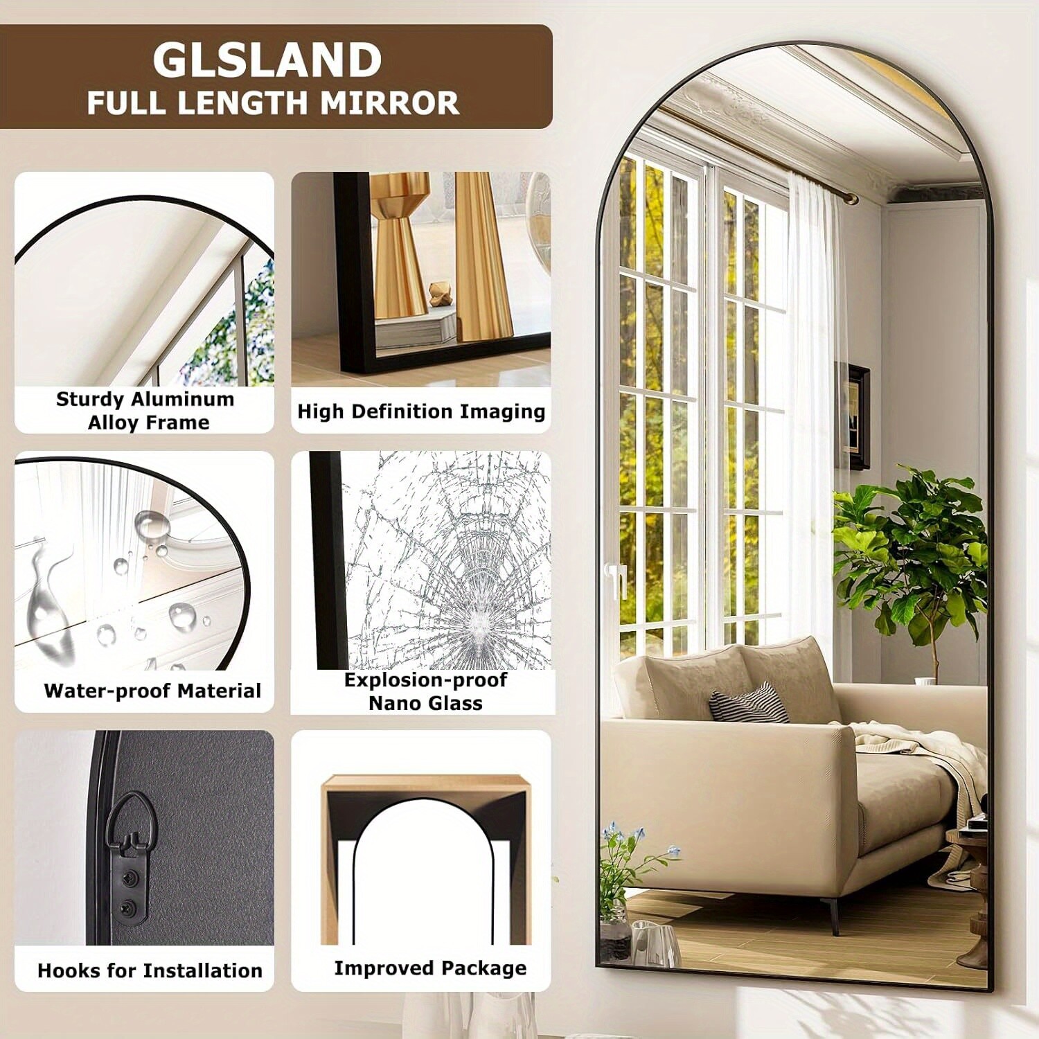 Full Length Floor Mount Mirror. Aluminum Alloy Frame Arch HD For Bedroom
