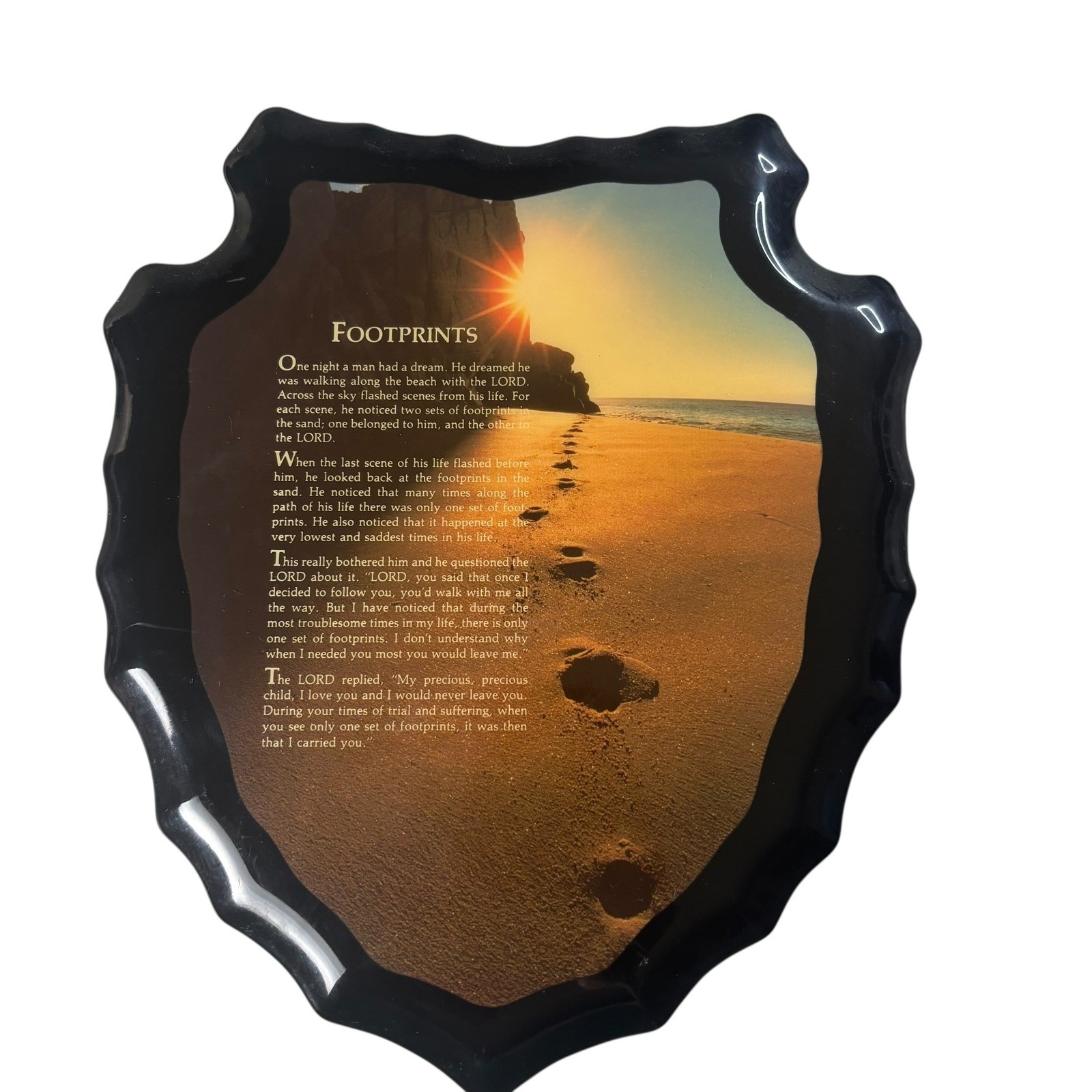 Footprints In The Sand Wall Plaque Religious Home Decor Brown Shield Scalloped