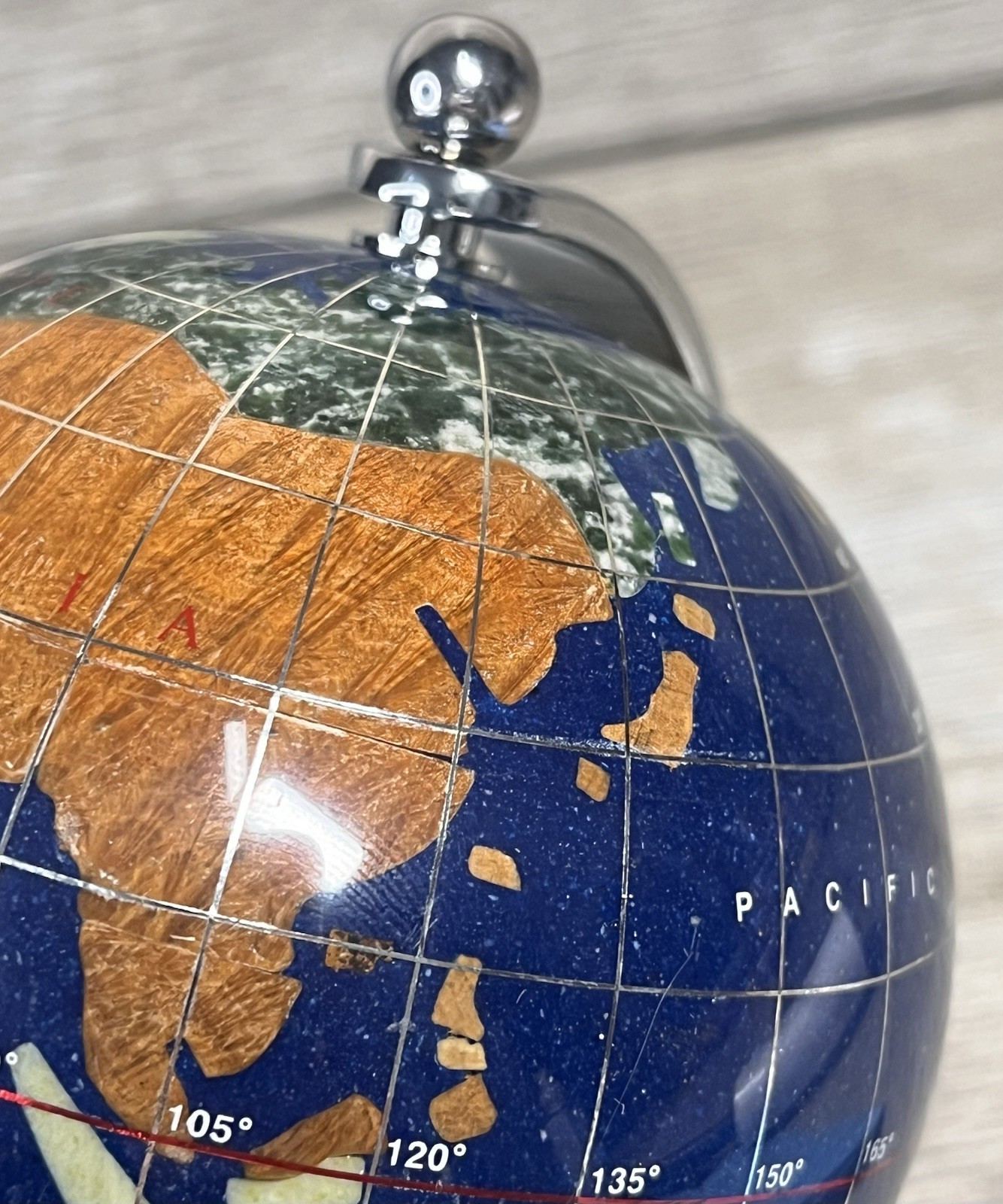 GEMSTONE MINI WORLD GLOBE Semi-Precious Inlay Chrome Stand 5.5″ Tabletop Decor