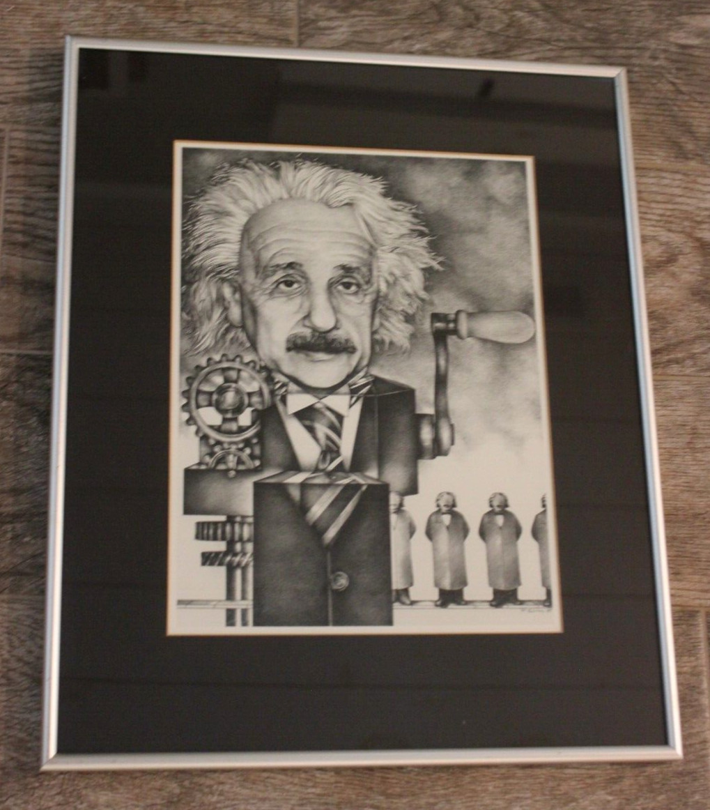 Vintage Albert Einstein Machine Copier Maker. Art Print Framed Matted B & W.