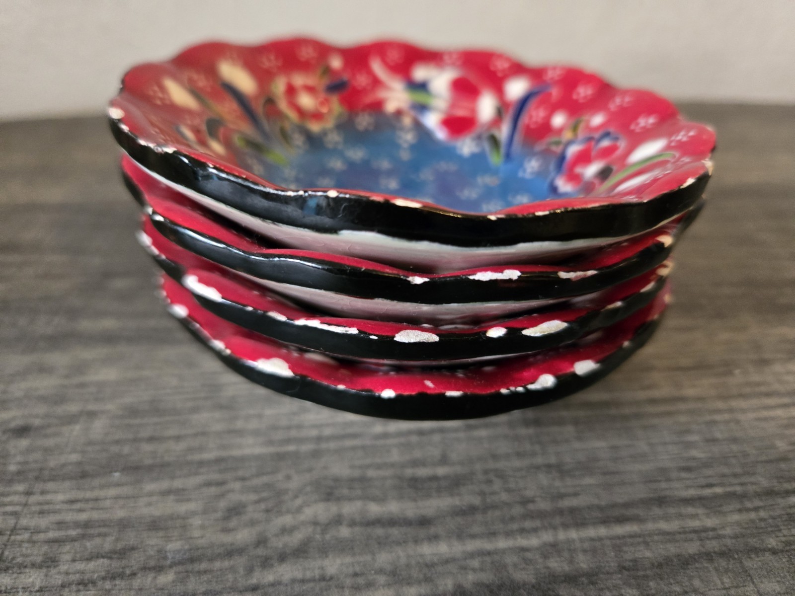 Ceramic Turkish Handmade Relief Bowls Set of 4, Red Floral Pattern, 4″ Plates