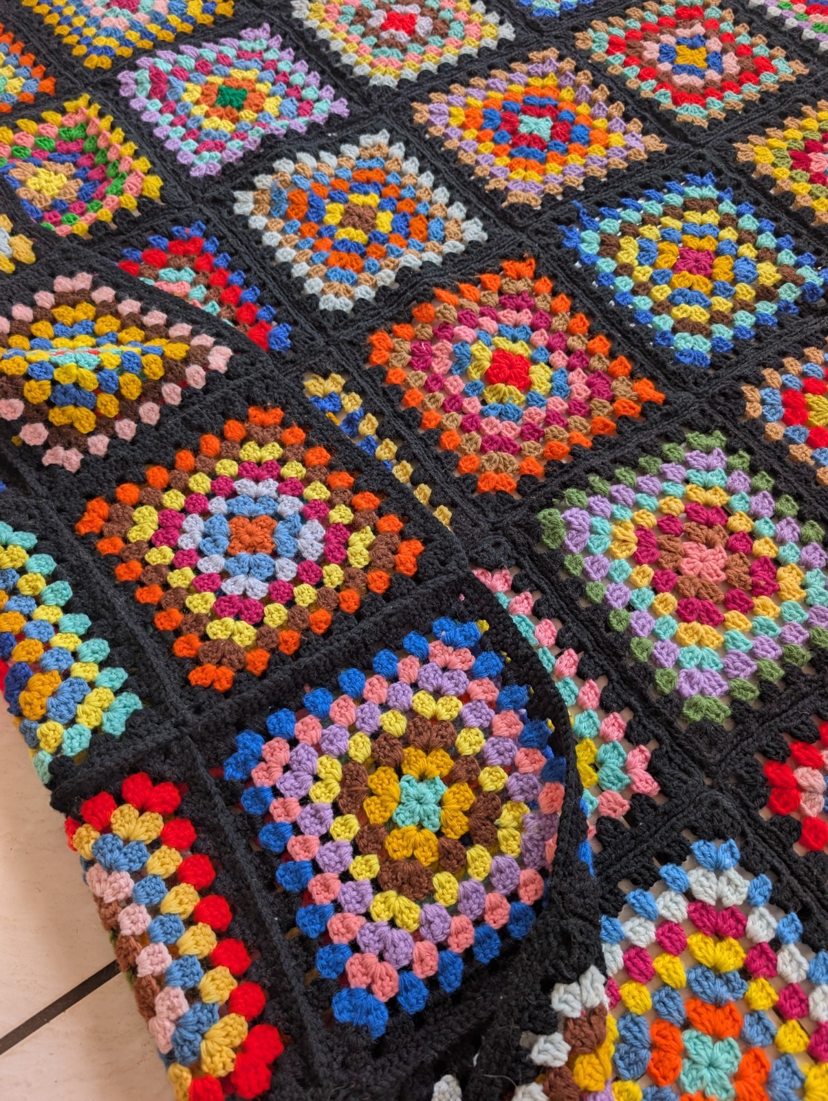 Handmade Granny Square Crochet Blanket Afghan Colorful Vintage Neon Retro 62×69