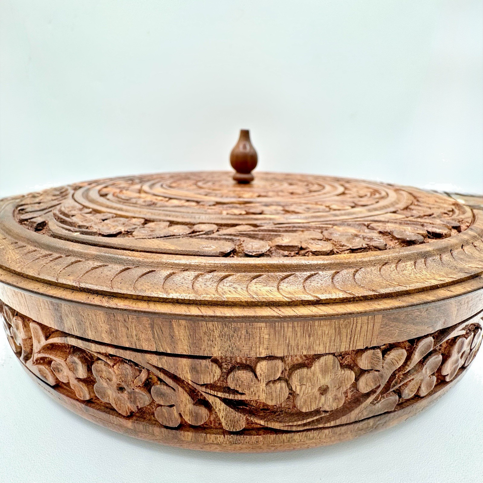 Decorative Pakistani Hand Carved 5 Compartment Lidded Wood Bowl Floral, 11.5″