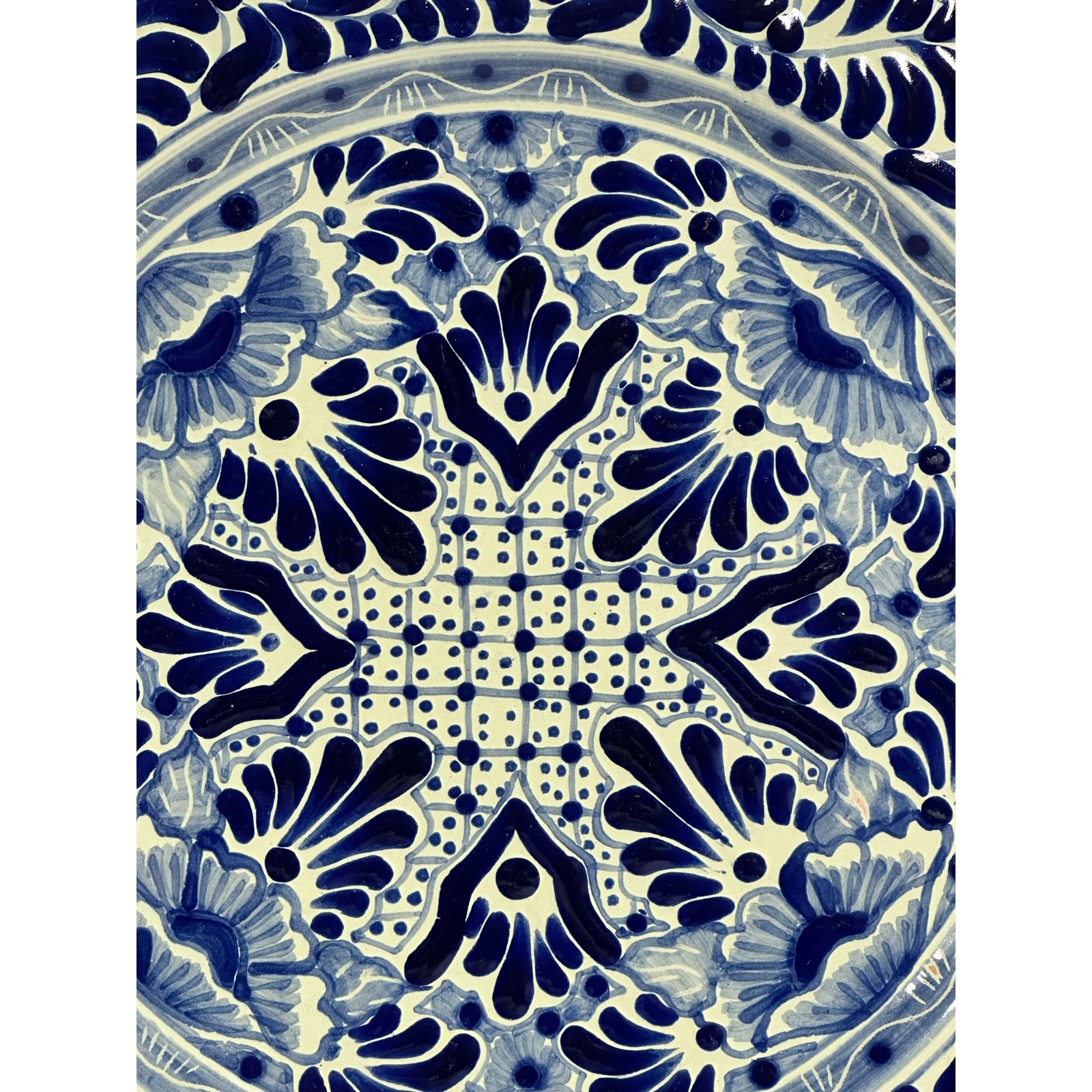Talavera Puebla Pottery Mexico Cobalt Blue White 12″ Charger Plate-Design A