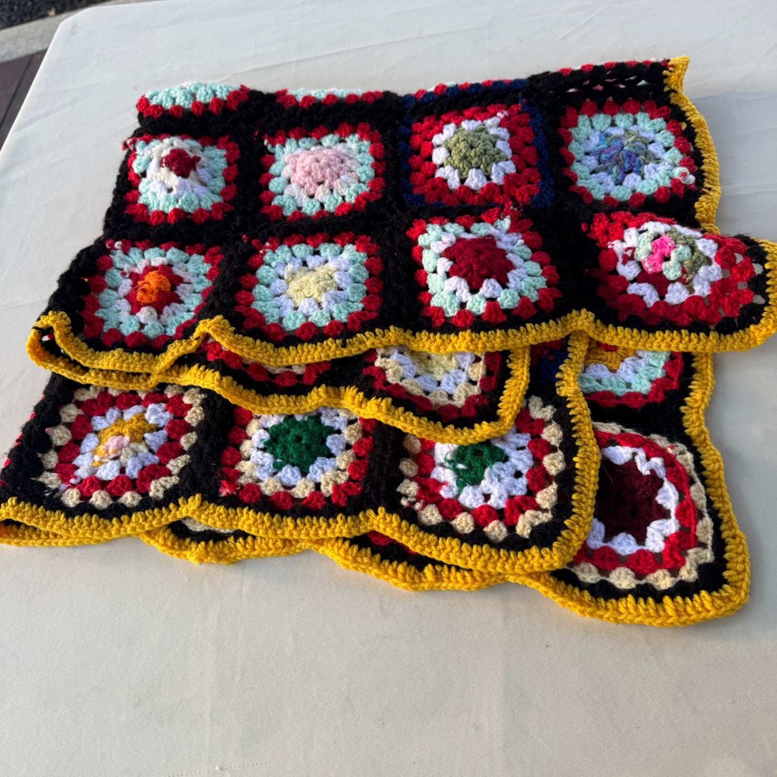 vintage Crochet Blanket 31×36″ Multicolor Granny Square Boho Cottagecore Retro