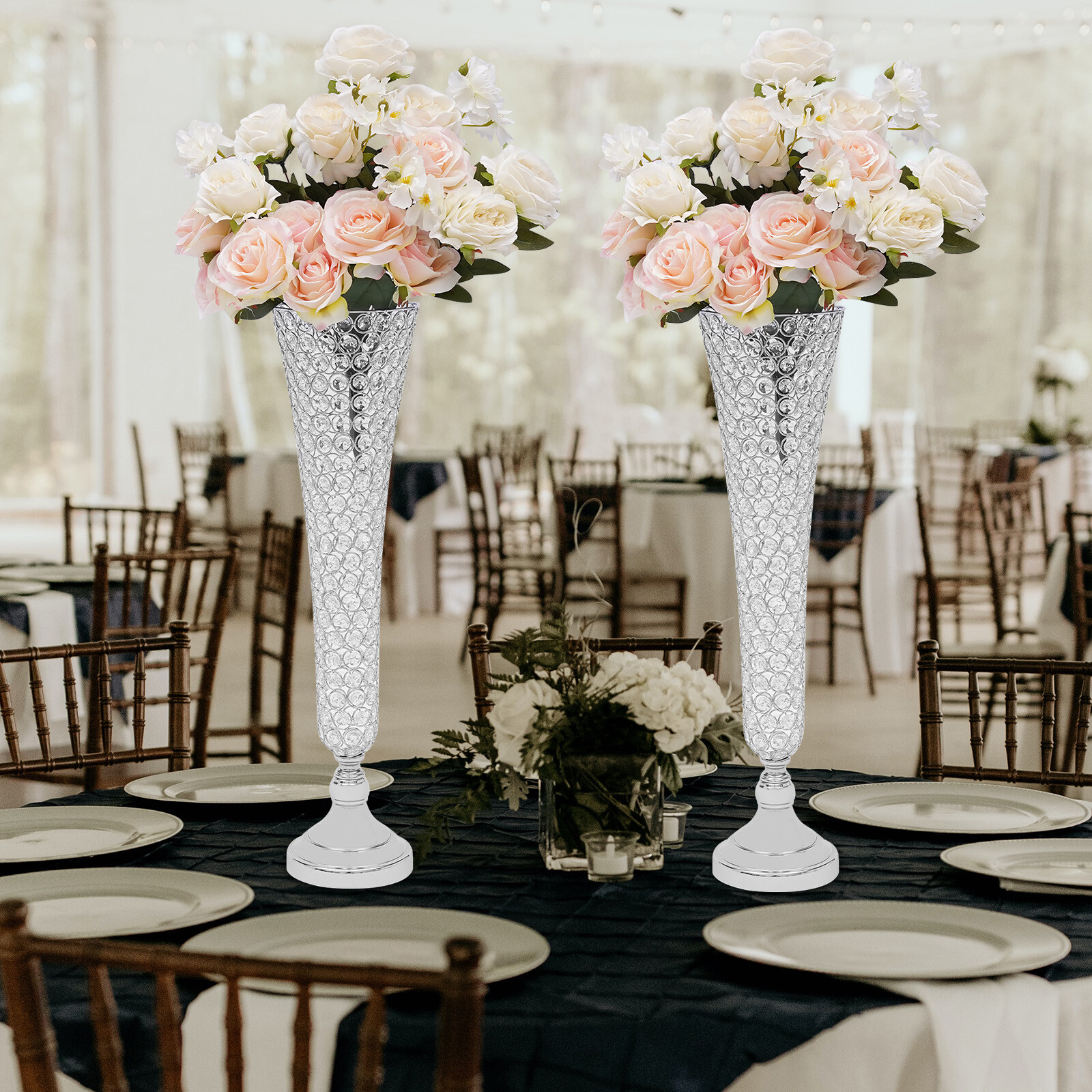 2 Pc Modern Crystal Trumpet Flower Silver Stand Crystal Vase For Wedding Decor