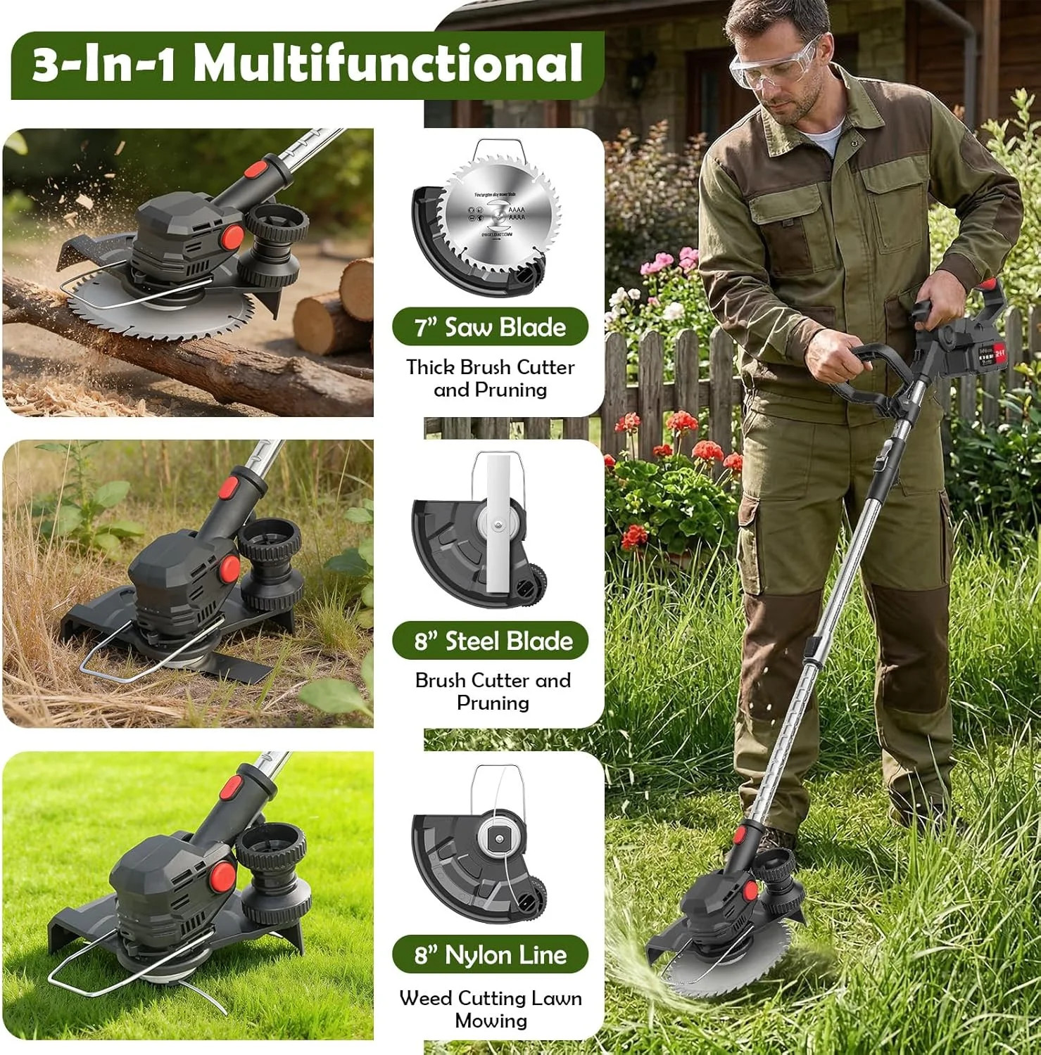 24V Cordless String Trimmer, 8-inch Battery Powered Weed Wacker with 2×4.0Ah Bat