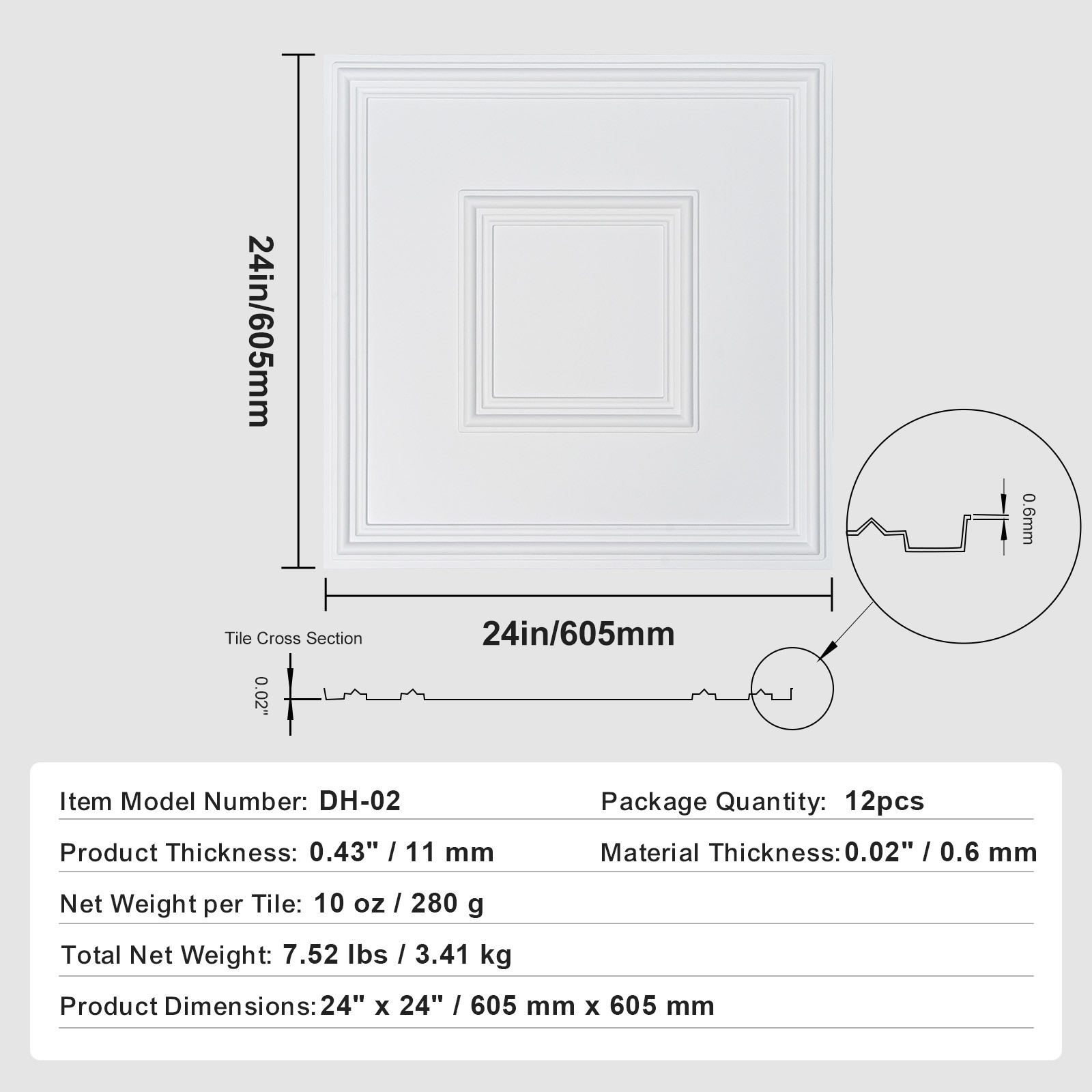 VEVOR Ceiling Tiles Panel 12 Pack 24 x 24in 48 sq.ft PVC Glue up DIY Decor White