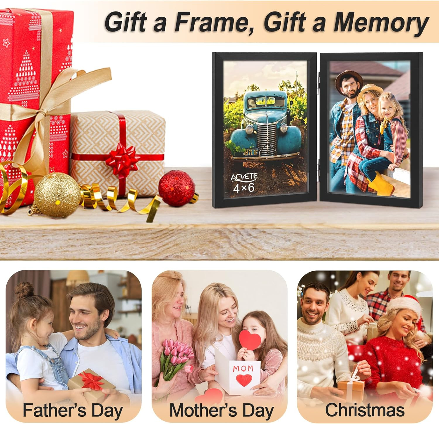 4×6 Double Hinged Folding Wood Picture Frame Tabletop Black 2 Photos