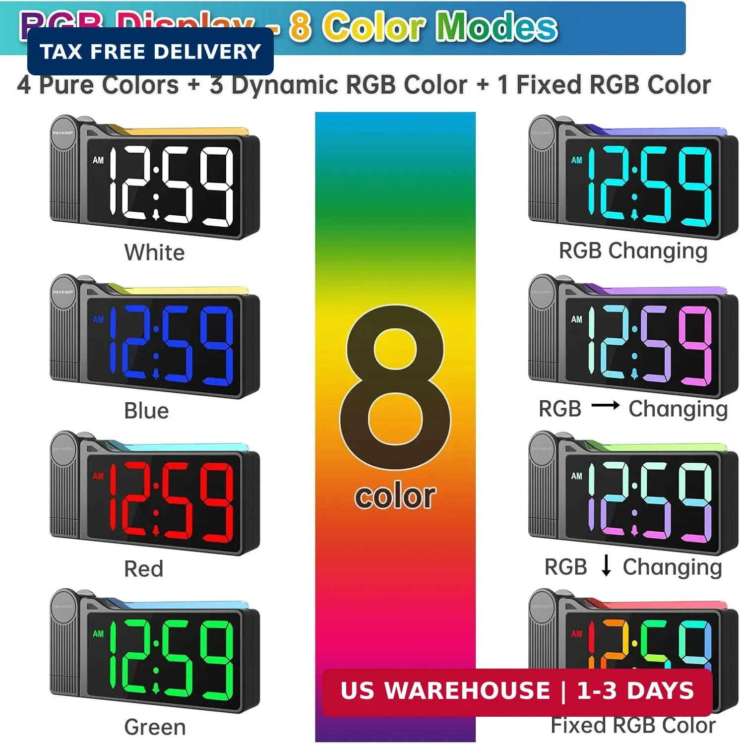 Peakeep Projection Alarm Clock for Bedroom Ceiling, Loud for Heavy Sleepers, RGB