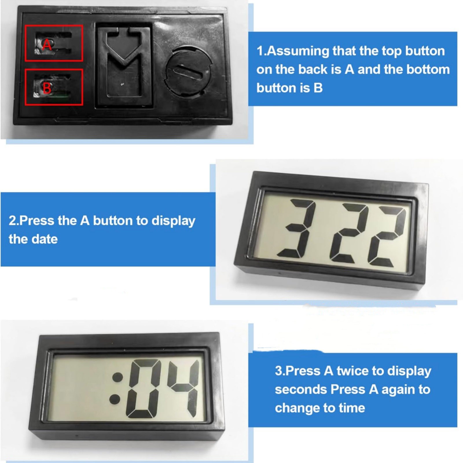 3PC Portable Mini Digital Clock Small Adhesive Stick On Battery Operated LCD New