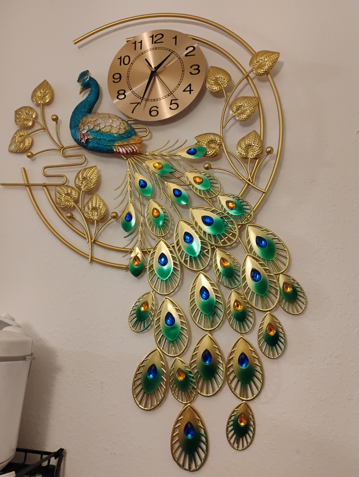 Gold Peacock Metal Wall Clock Analog Display Arabic Numerals Green/Blue Accents